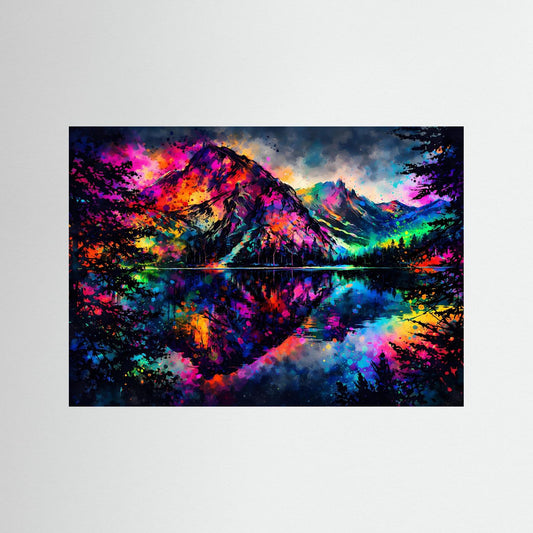 Neonfarbenes Alpen-Poster im Querformat mit Spiegelbild im Splash-Art-Stil.