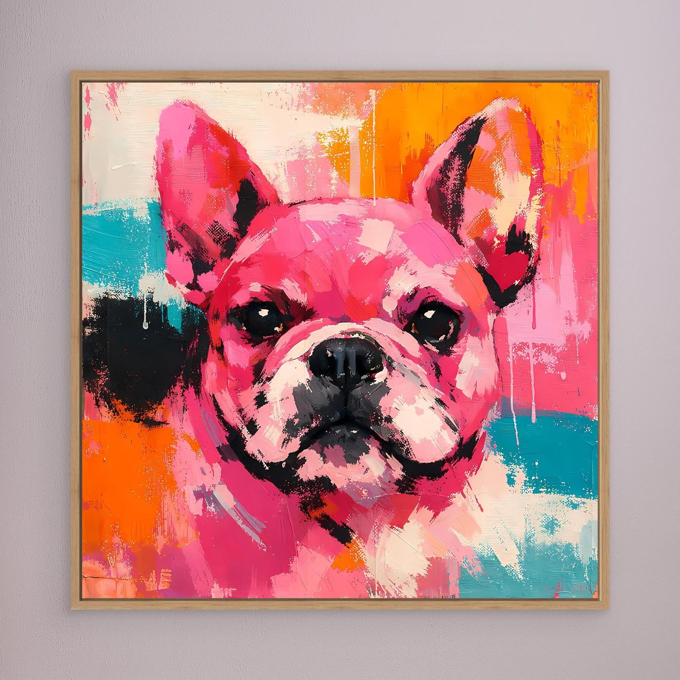Abstract French bulldog portrait painting in pink, orange, teal, and black; wood frame
