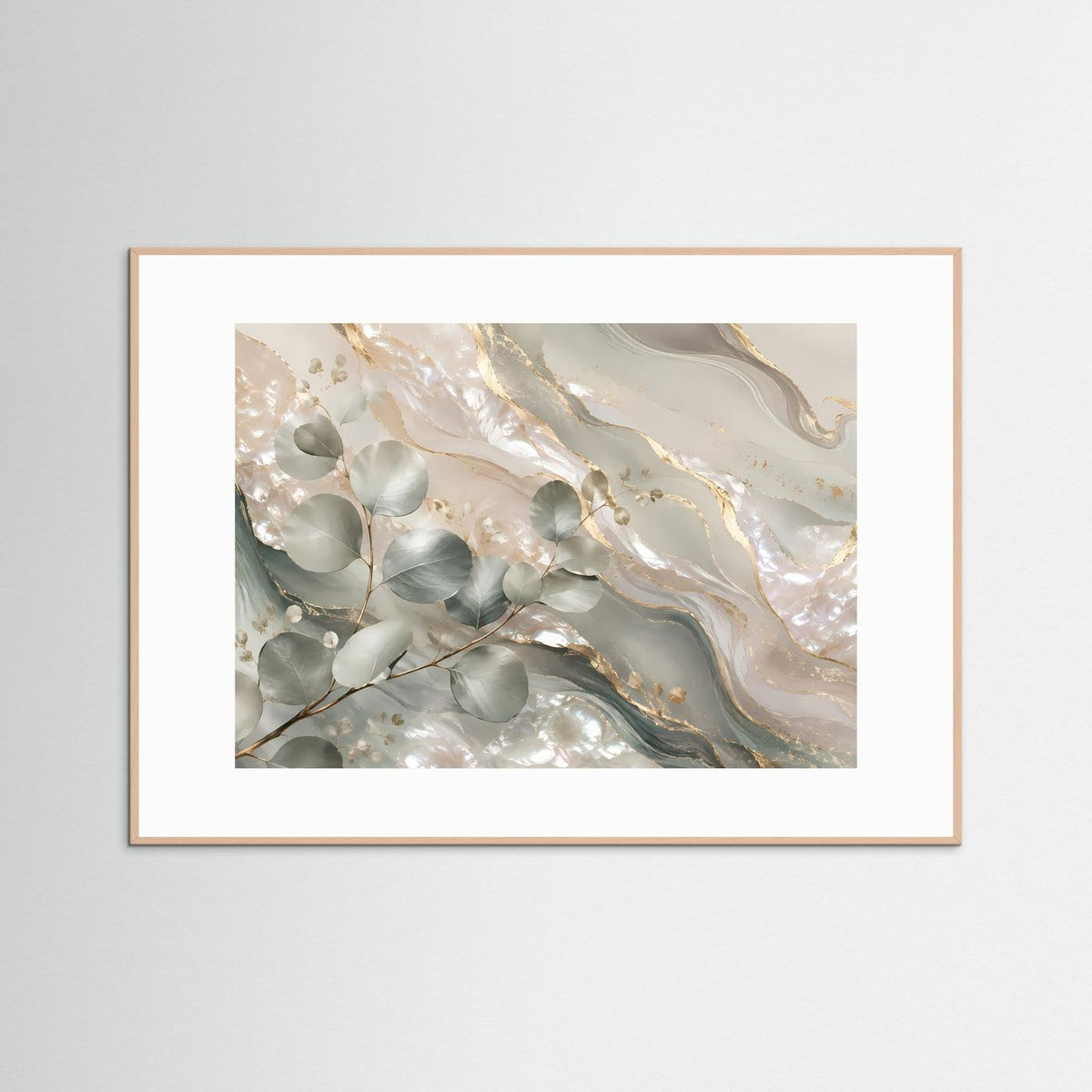 Eukalyptus-Botanisches Poster (Querformat) mit Creme, Salbeigrün und Goldlinien; naturfarbener Holzrahmen