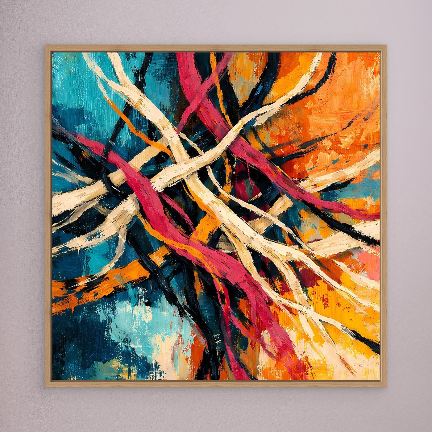 Abstraktes Leinwand-Wandbild mit mehrfarbigem Liniengeflecht und hellem Holzrahmen