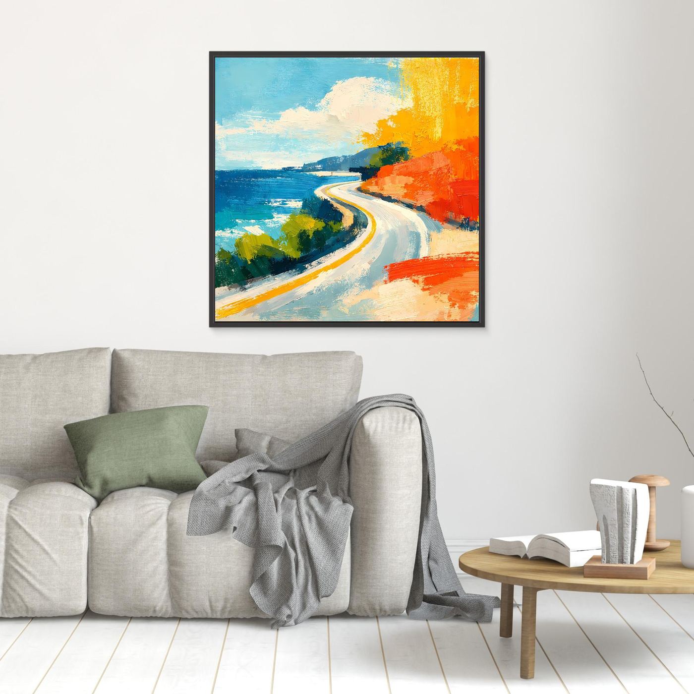 Small coastal abstract wall art with black frame, blue sea, winding road, orange shoreline