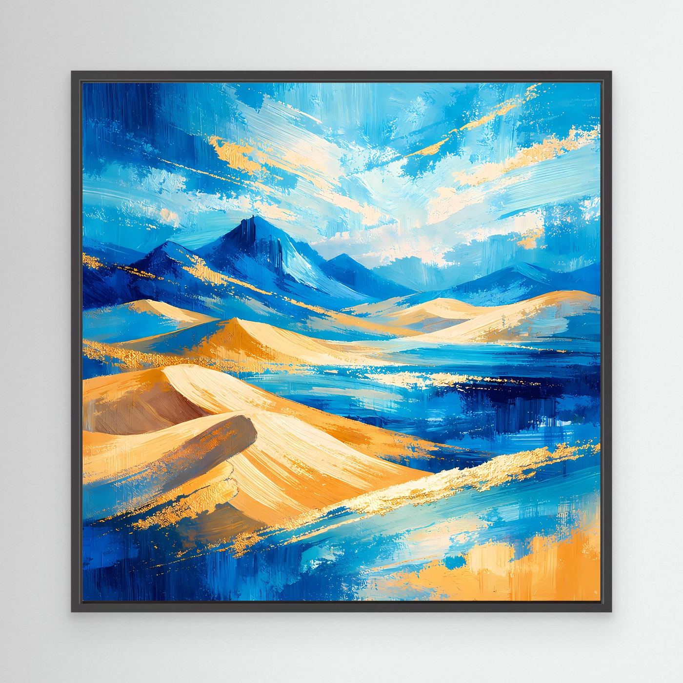 Leinwandbild abstrakte Berglandschaft mit Dünen, Blau, Gold und Gelb, schwarzer Rahmen