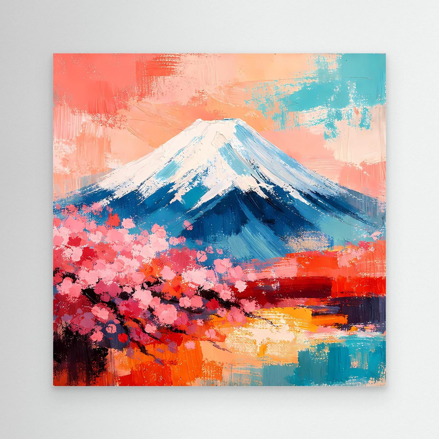 Leinwandbild mit abstraktem Fuji und Kirschblüten, blau-weißer Berg, rosa-blauer Farbverlauf