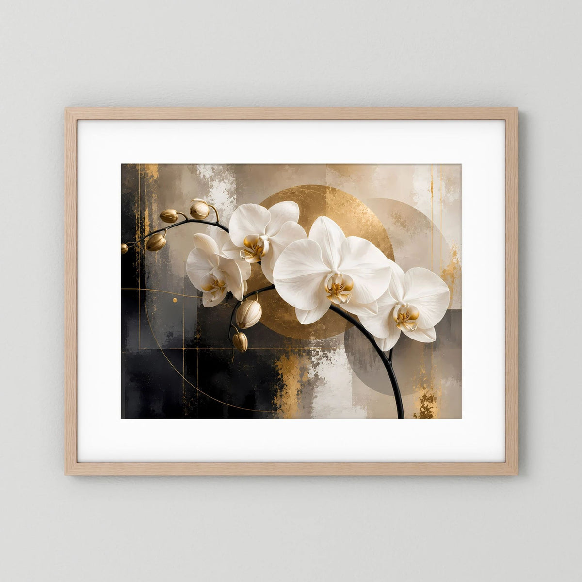 Querformatiges Orchideen-Leinwandbild mit weißen Blüten und goldenem Hintergrund, helles Holzrahmen mit Rand