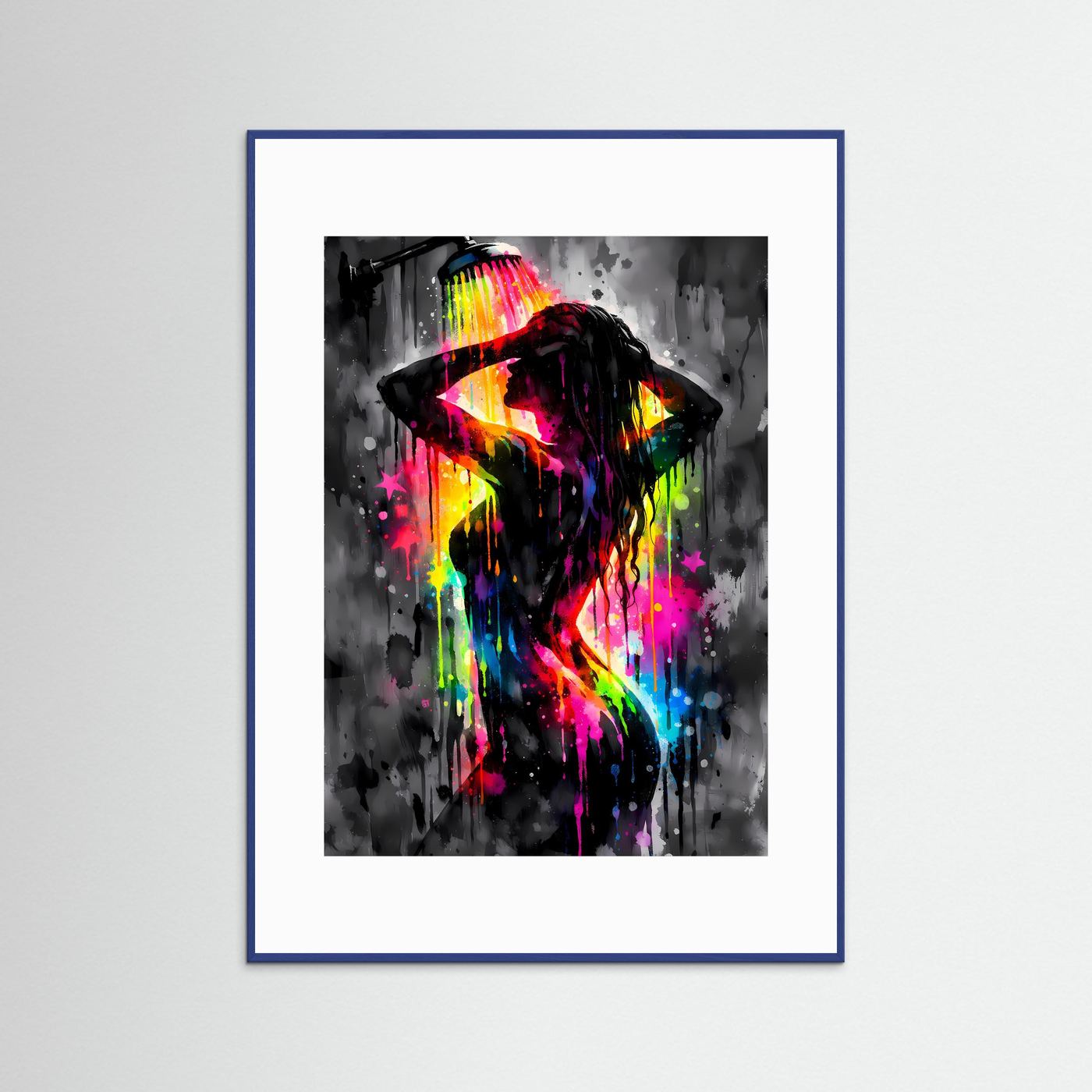 Die Kunst der Erfrischung | Neon Dusch-Poster mit weiblicher Silhouette & Regenbogen-Farben | Abstraktes Pop-Art Kunstposter Hochformat