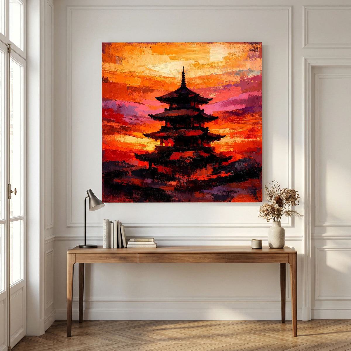 Leinwandbild mit japanischer Pagode, dunkle Silhouette vor abstraktem Sonnenuntergang in Orange und Pink