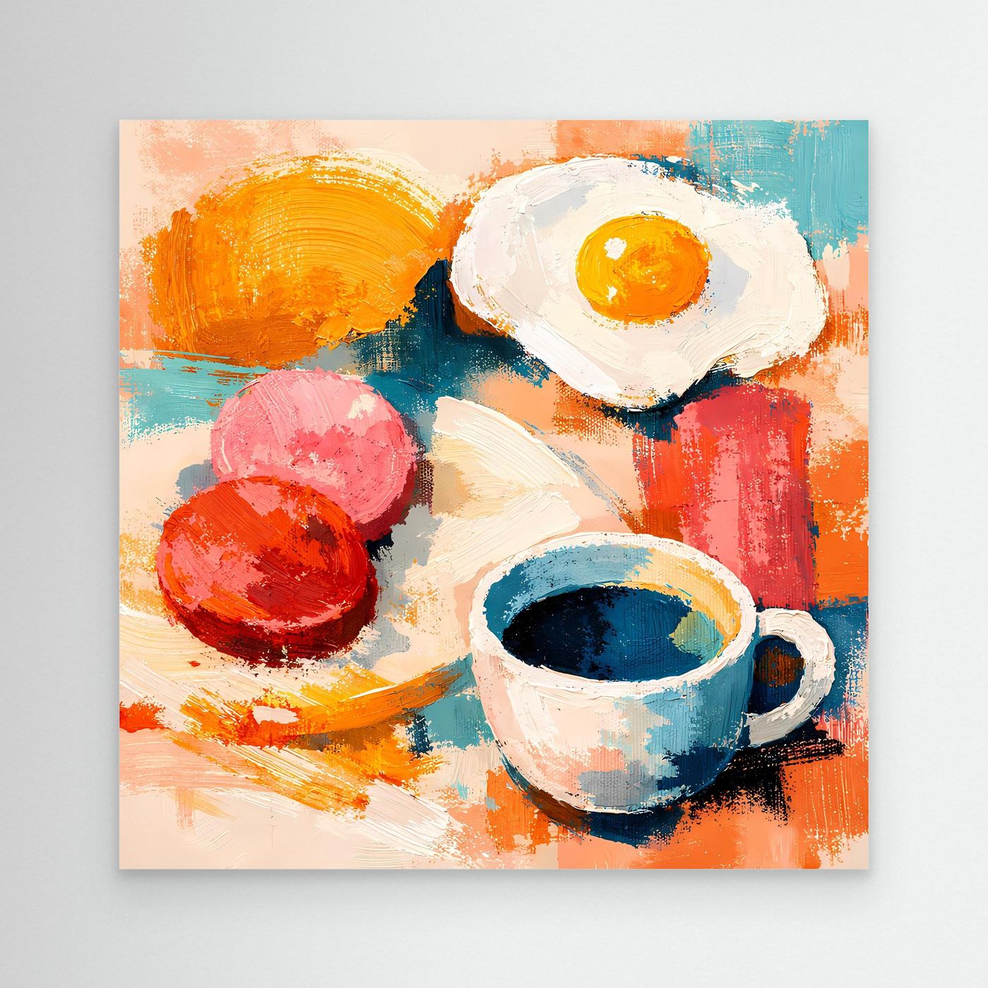 Abstraktes Leinwandbild mit Spiegelei, blauem Kaffeebecher und roten Früchten