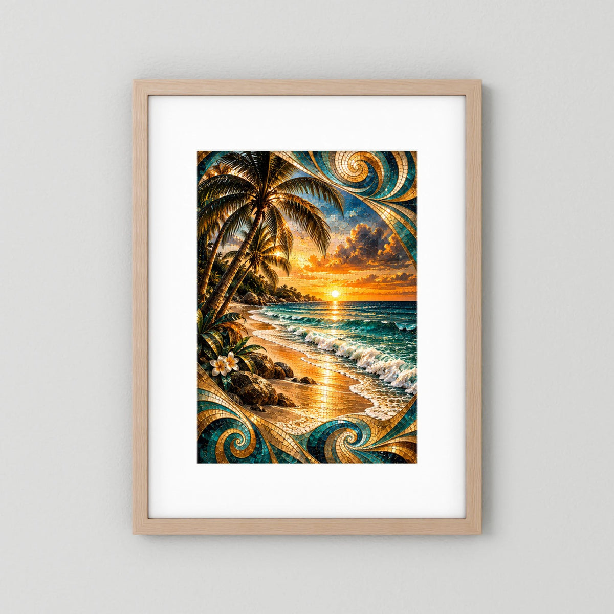 Tropischer Strand bei Sonnenuntergang | Mosaik Kunst in Türkis & Gold | Poster Hochformat