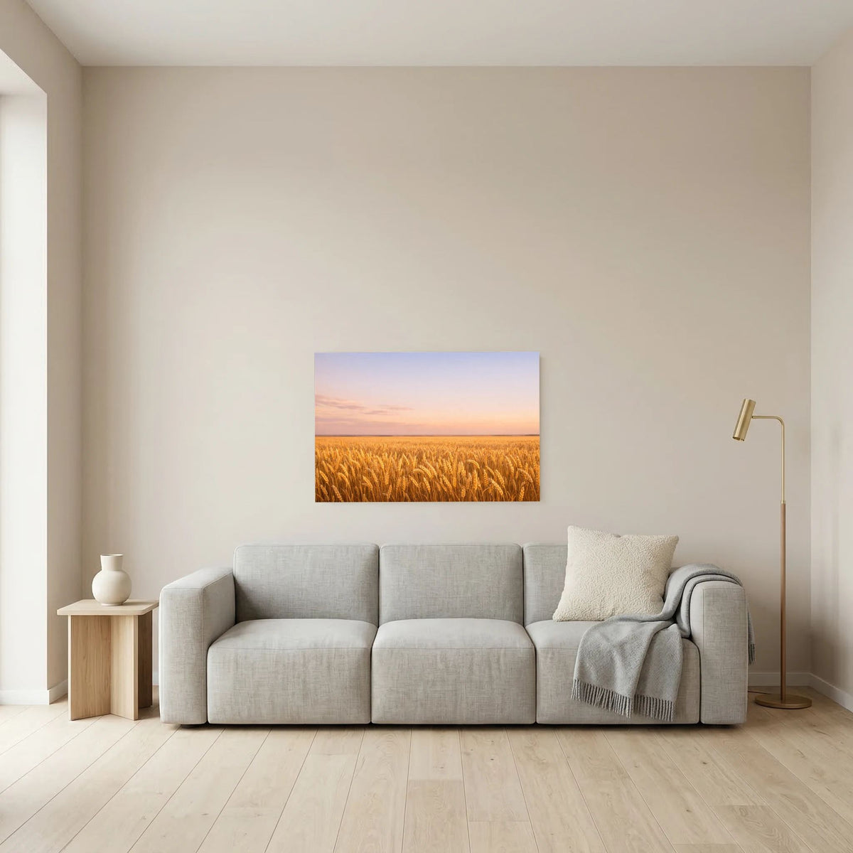 Wandbild-Poster mit goldenem Weizenfeld bei Sonnenuntergang, Querformat, rechteckig.