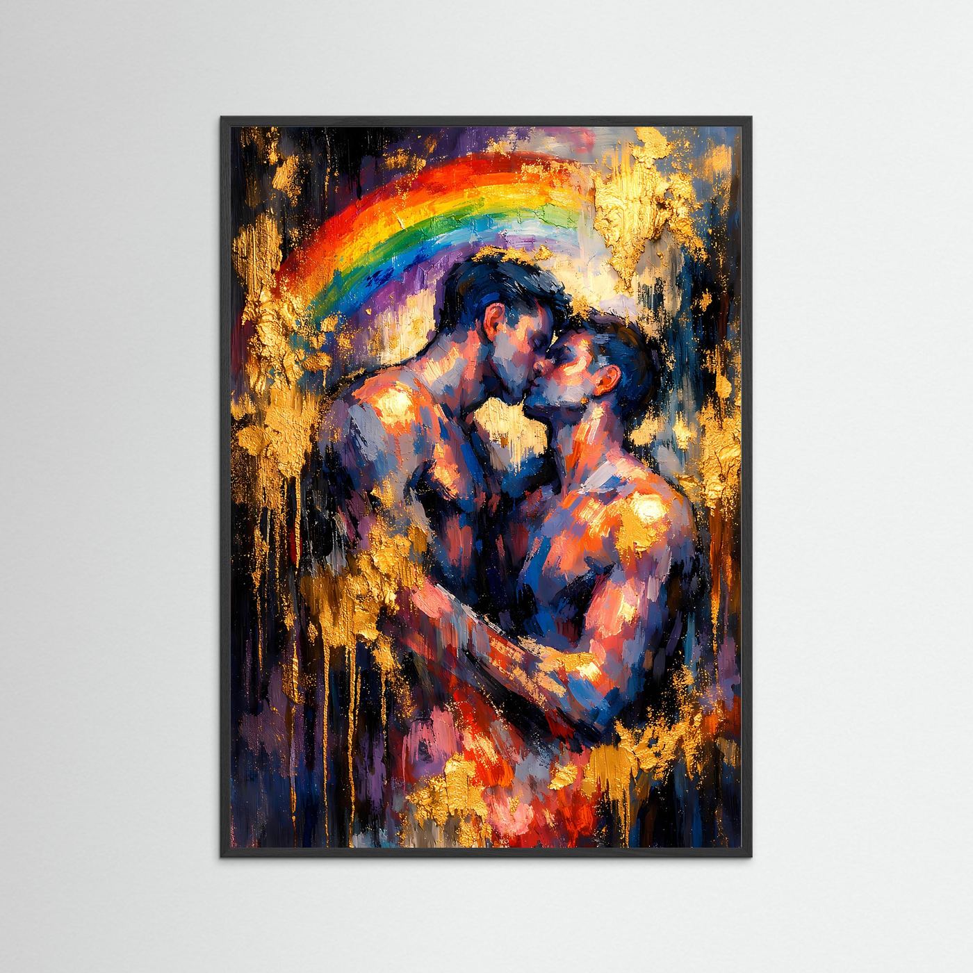 Pride-Poster im Hochformat mit Regenbogen und goldener Farbe, schwarz gerahmt