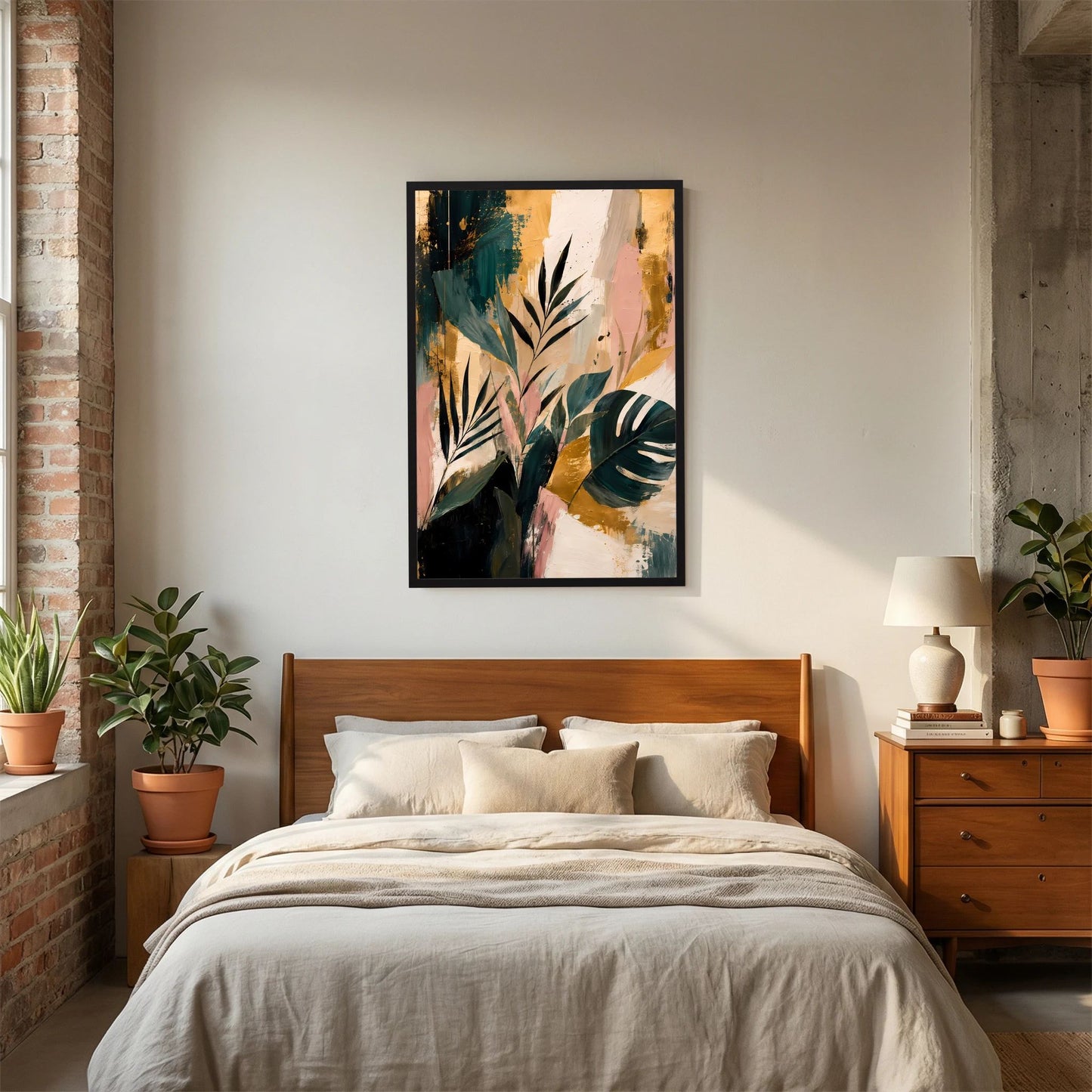 Abstrakte tropische Blätter | Botanische Kunst in Petrol, Rosa und Gold | Poster Hochformat