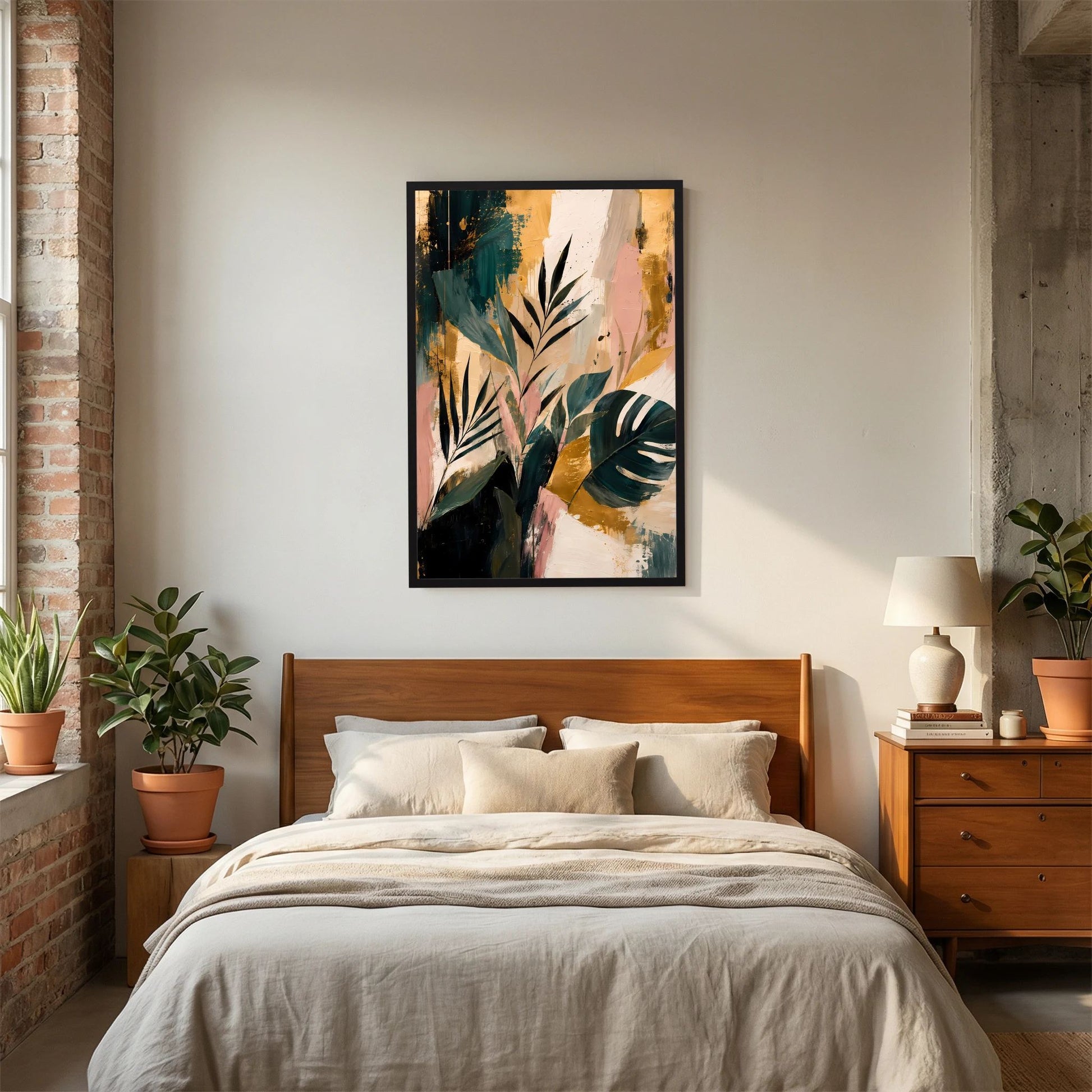 Abstrakte tropische Blätter | Botanische Kunst in Petrol, Rosa und Gold | Poster Hochformat