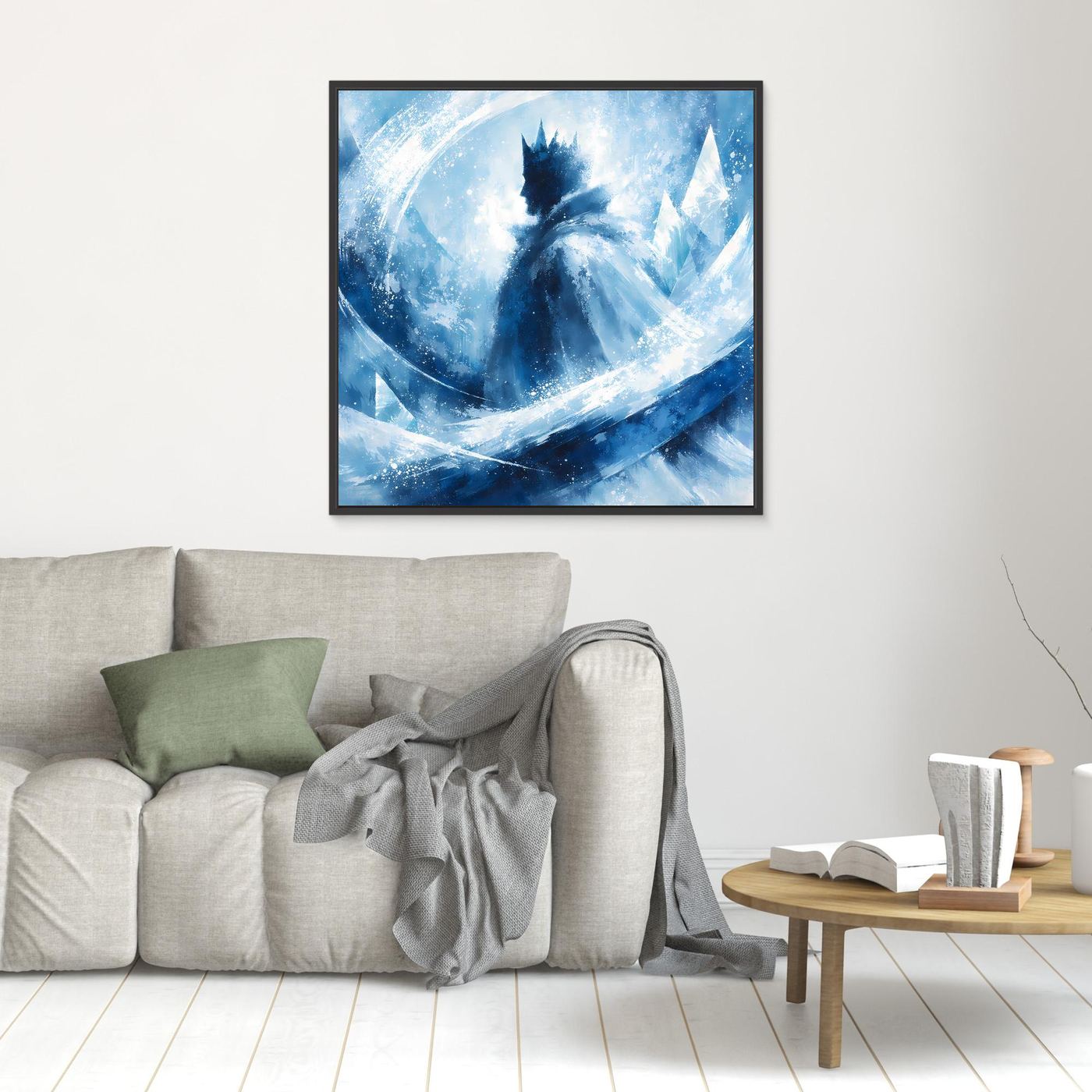 Leinwandbild mit abstraktem Wintermotiv in Blau, Silhouette mit Krone, schwarzer Rahmen, klein