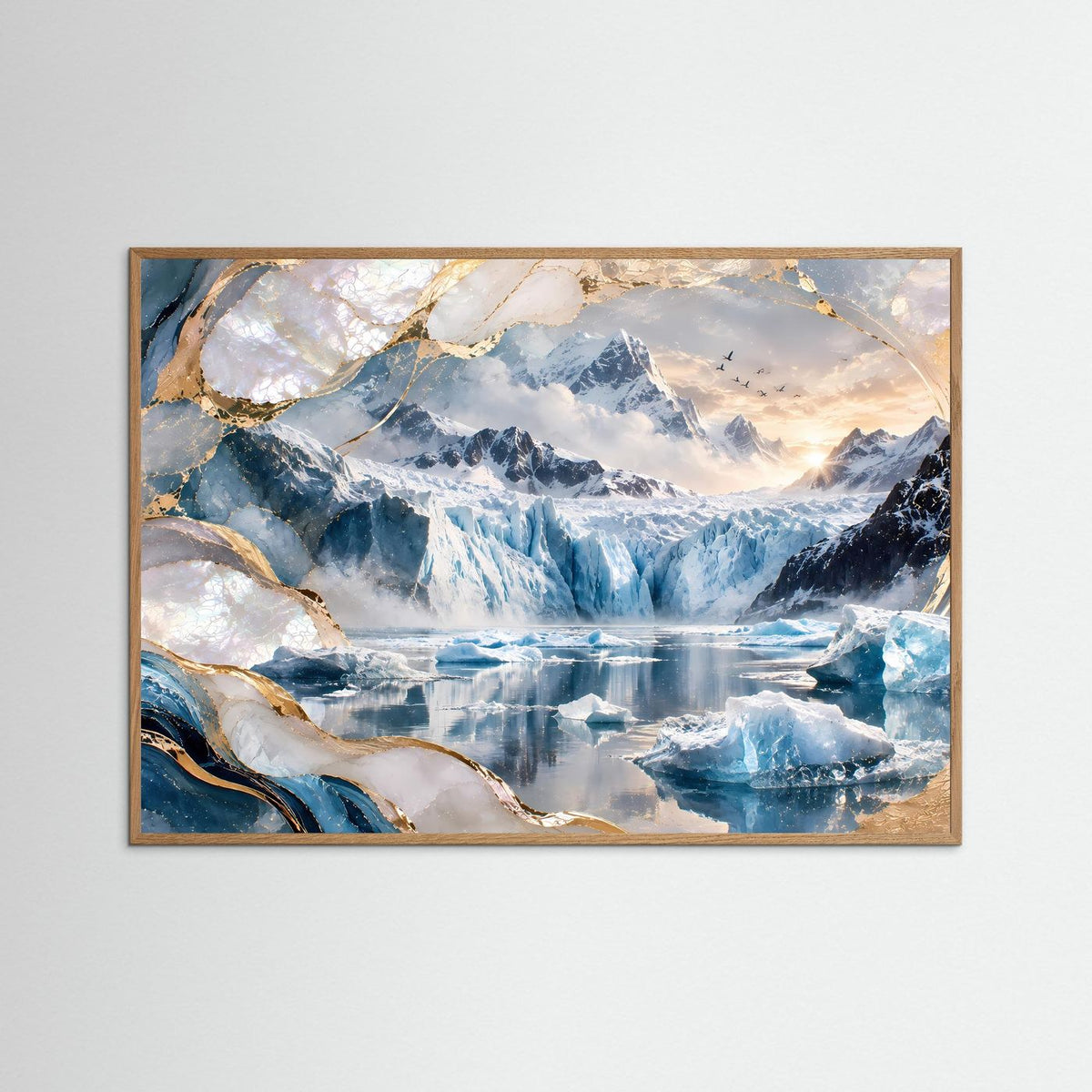 Poster im Querformat mit Gletscherlandschaft, Eissee und goldenen Schmucklinien im hellbraunem Holzrahmen