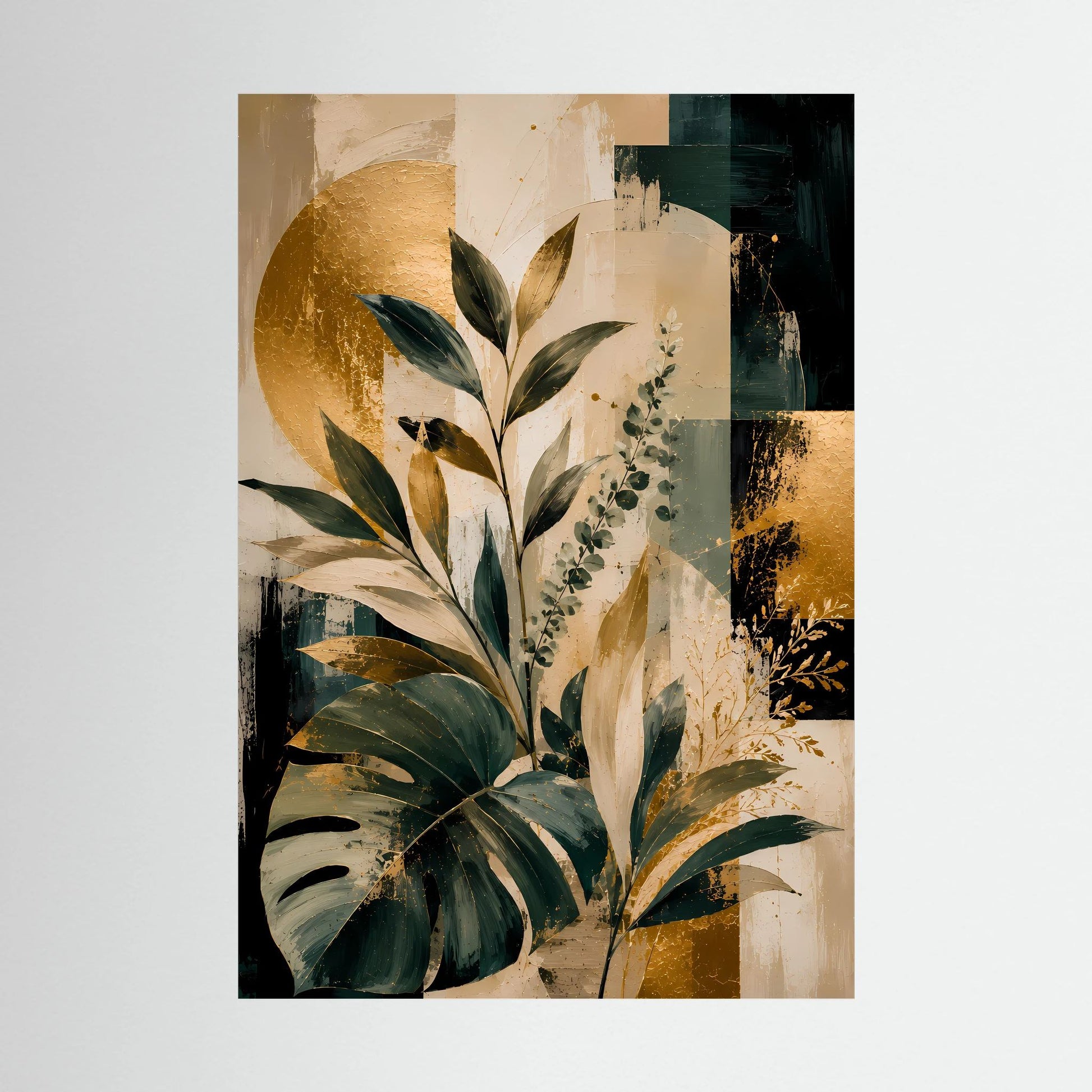 Kunstposter mit abstraktem Blattmotiv in Grün, Gold und Beige