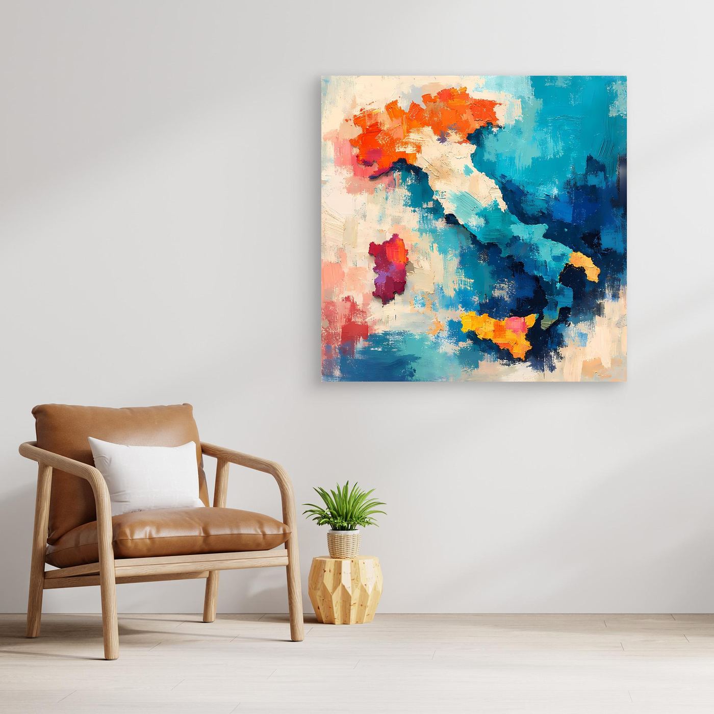 Abstract Italy map wall art with blue and orange paint strokes, unframed canvas