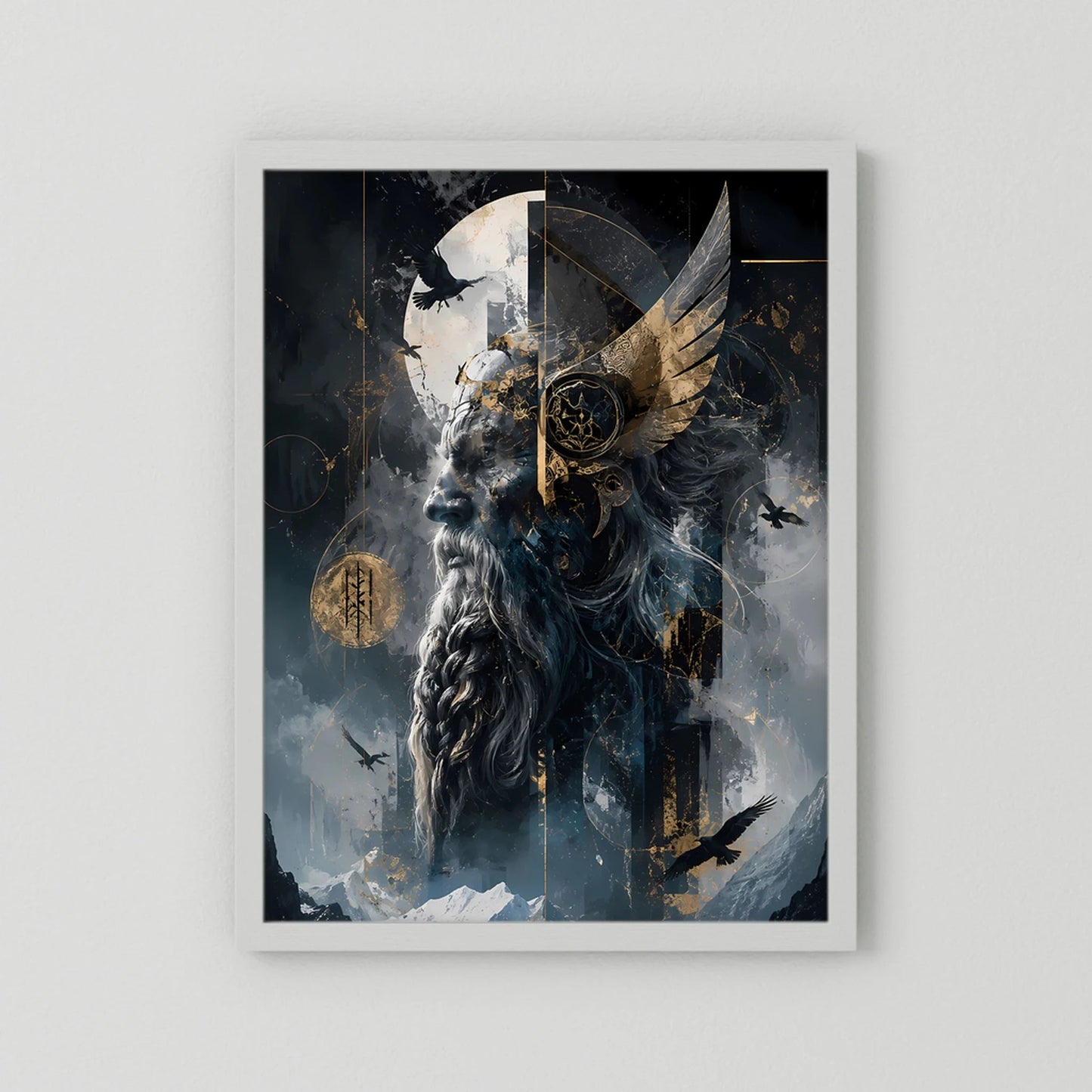 Hochformatiges Poster mit nordischem Wikinger und Rabe, goldene Details, im weißen Rahmen.