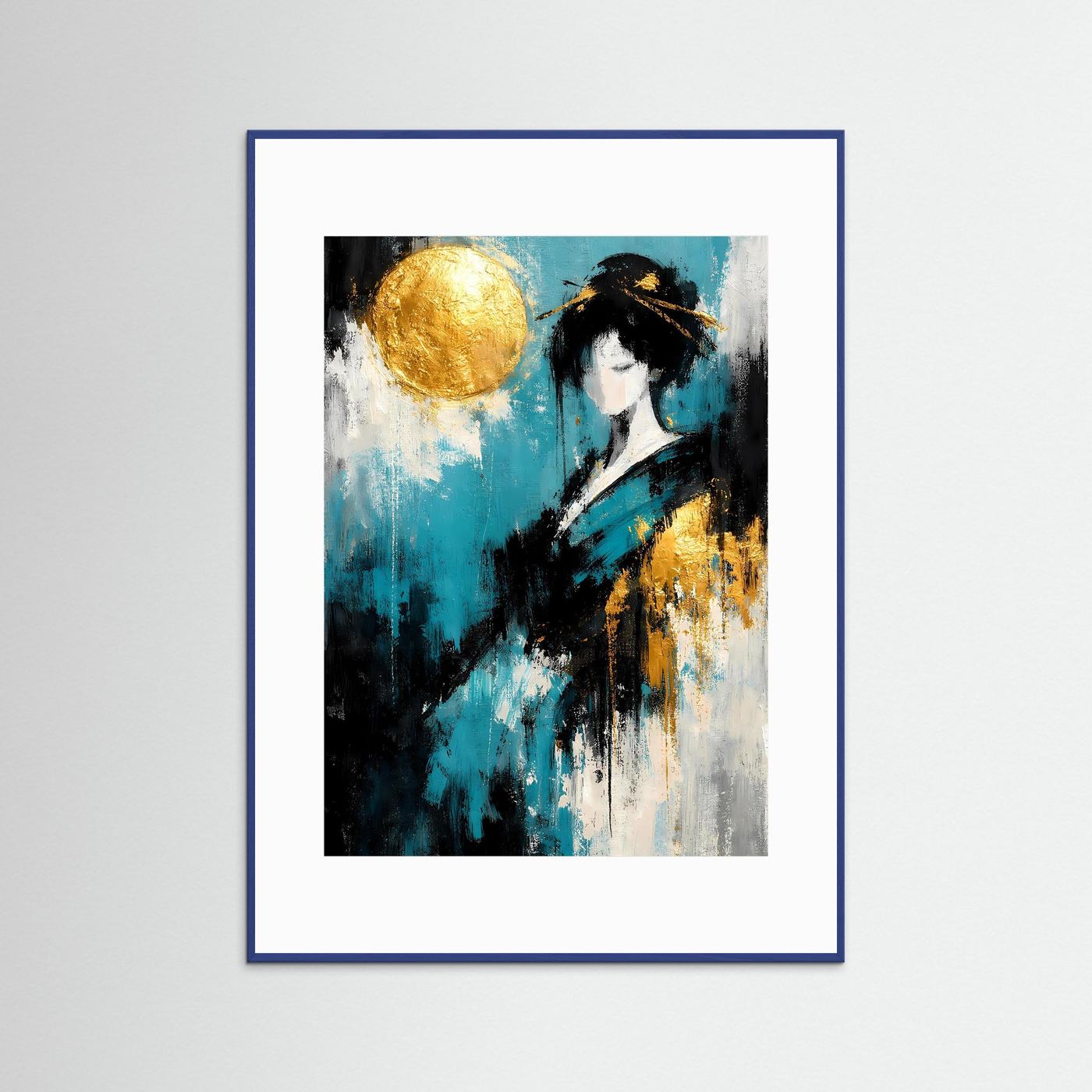 Japan-Poster mit Geisha im Stilbild, Goldkreis, Türkis und Schwarz, blauer Rahmen