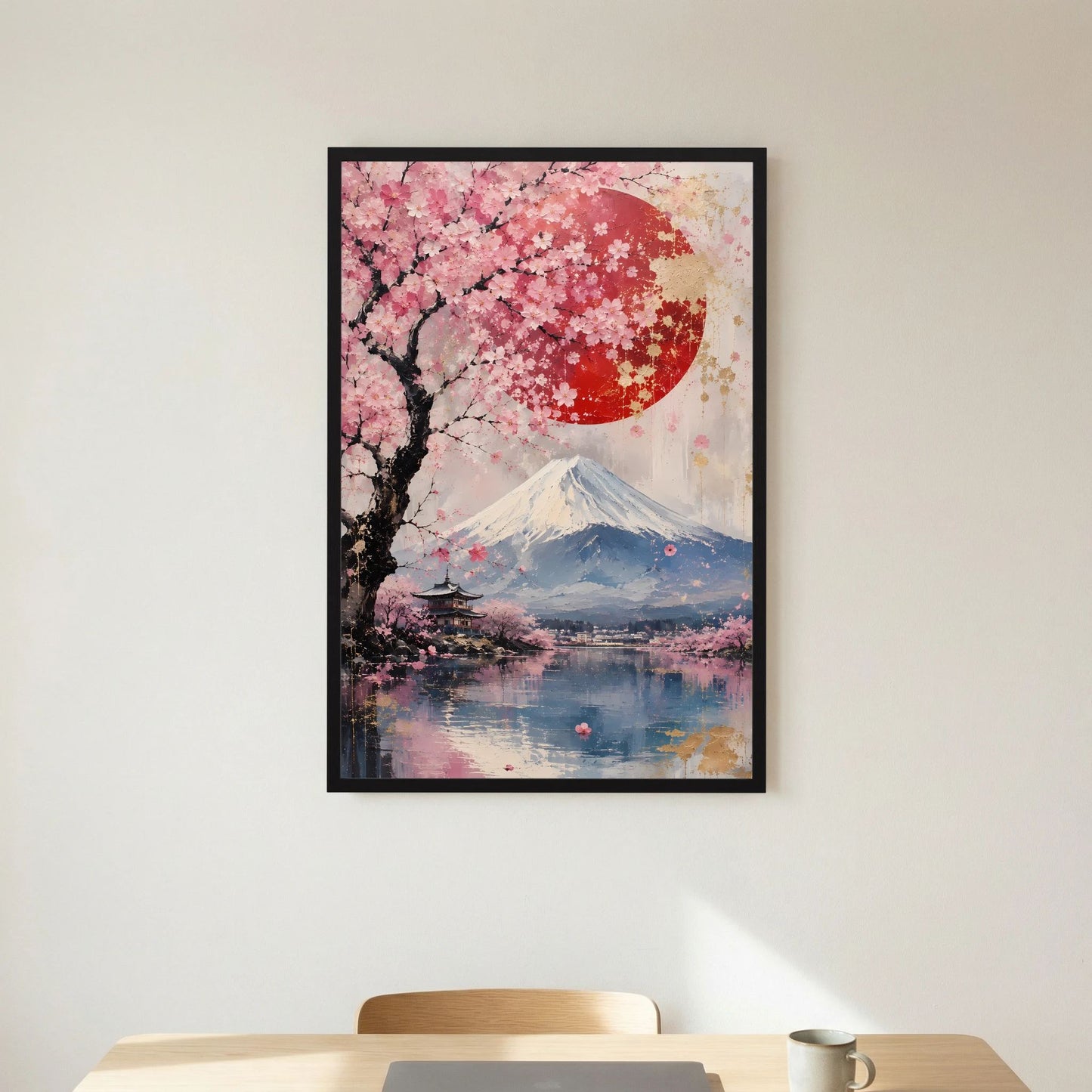 Poster im schwarzen Rahmen: Kirschblüten, Fuji, rote Sonne mit Pagode und See
