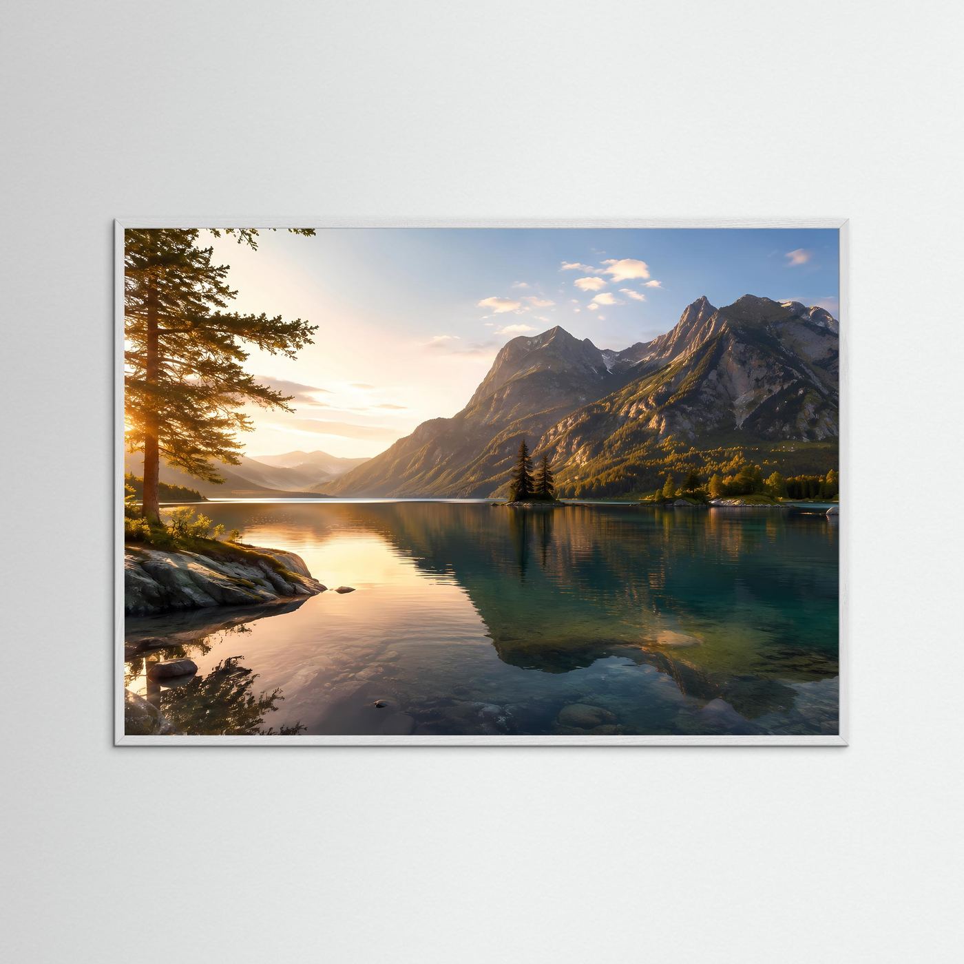 Bergsee Poster Querformat | Majestätische Berge im goldenen Sonnenlicht