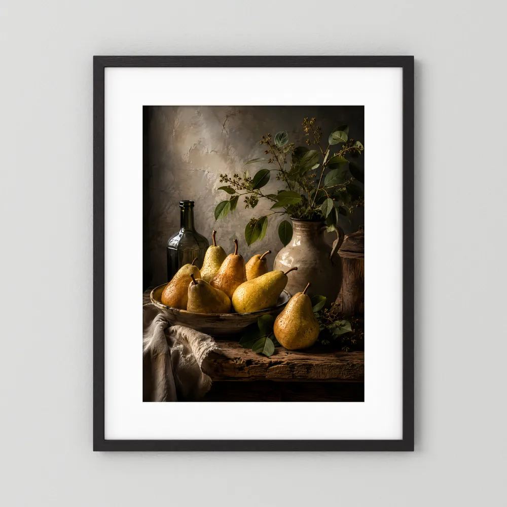 Poster mit schwarzem Rahmen und weißem Rand: goldene Birnen, Schüssel, Flasche