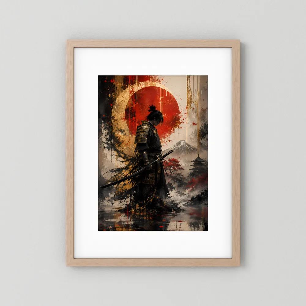 Japanisches Samurai-Kunstposter im Hochformat mit hellem Holzrahmen und weißem Rand.