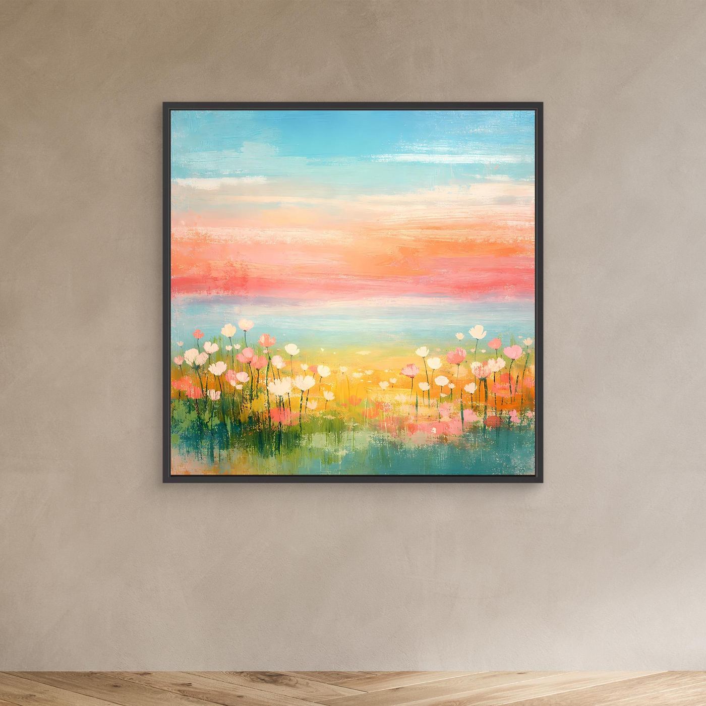 Abstraktes Leinwandbild mit dunklem Rahmen: Blumenwiese am Meer, Pastellfarben
