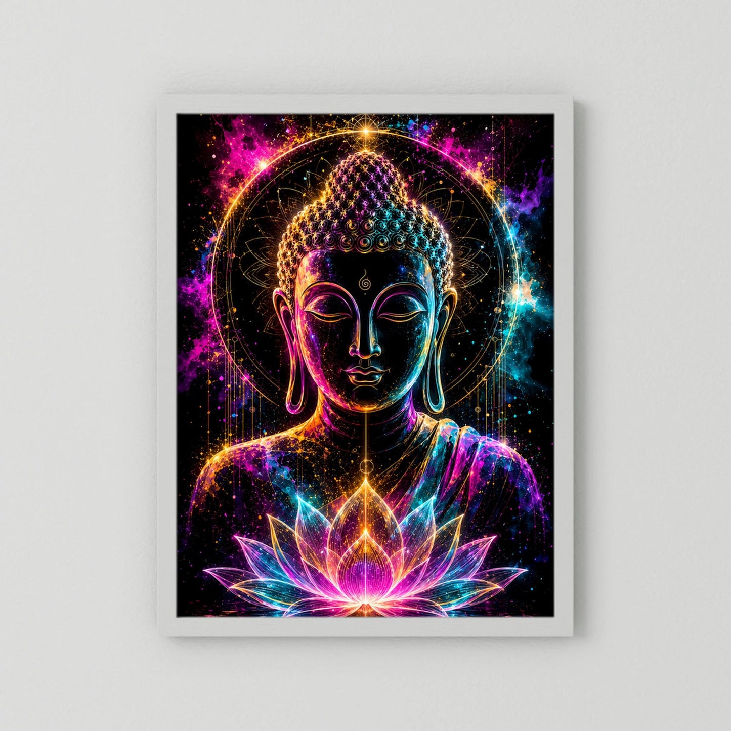 Kunstposter mit Buddha im Neon-Look, leuchtende Lotusblüte, weißer Rahmen
