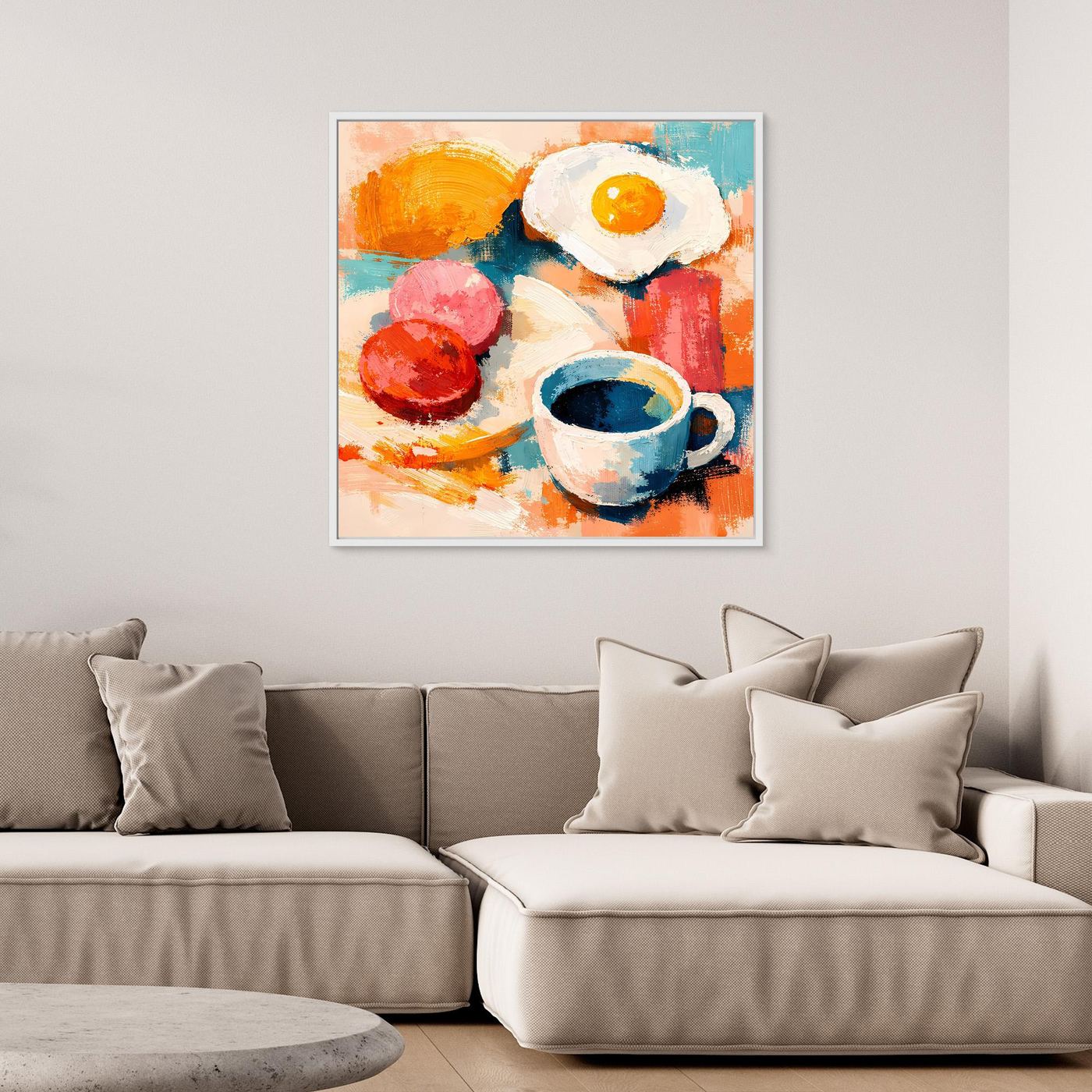 Abstraktes Wandbild aus Leinwand mit Spiegelei, Kaffeetasse und Früchten, gerahmt