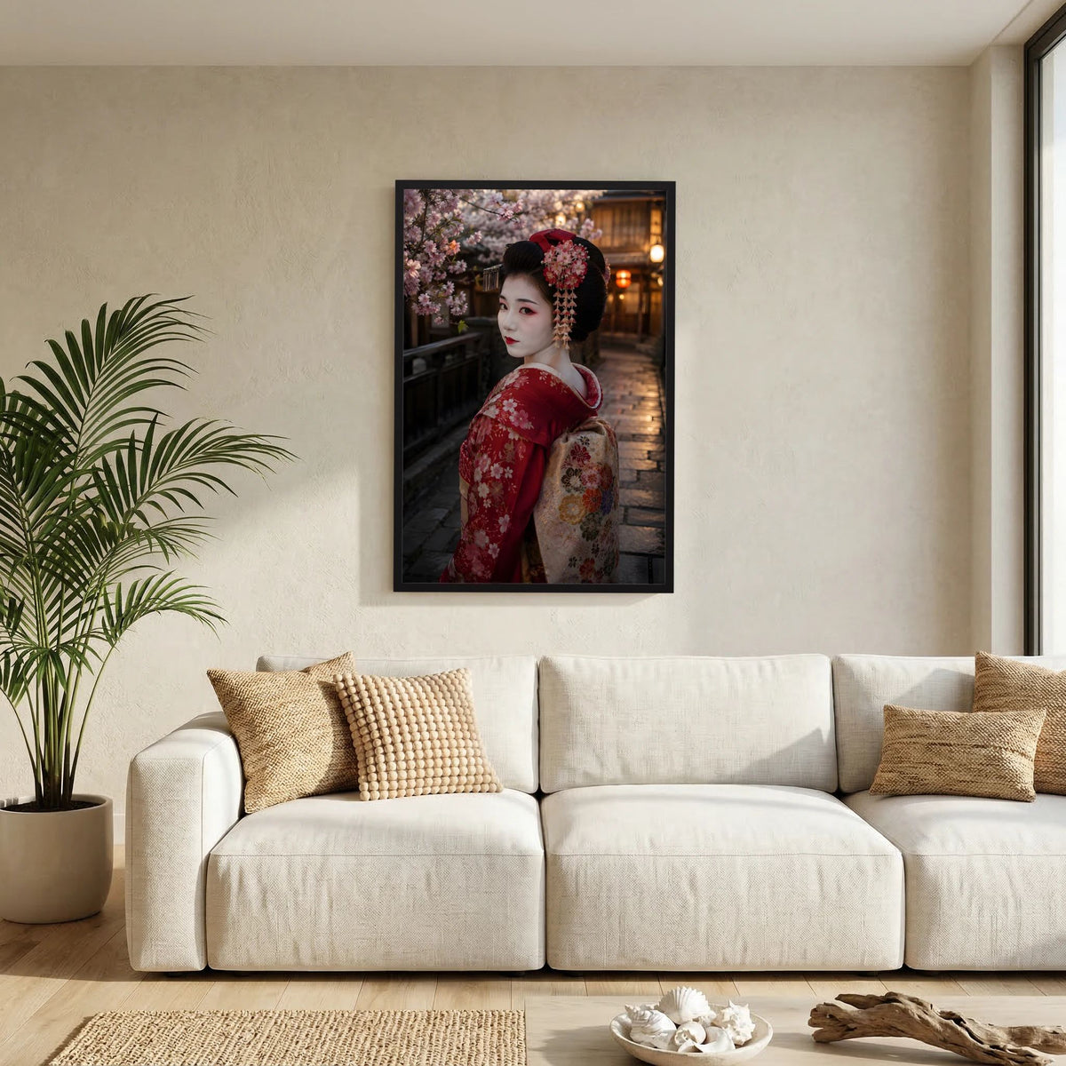 Wandposter mit japanischer Geisha im roten Kimono, Ganzporträt mit Kirschblüten