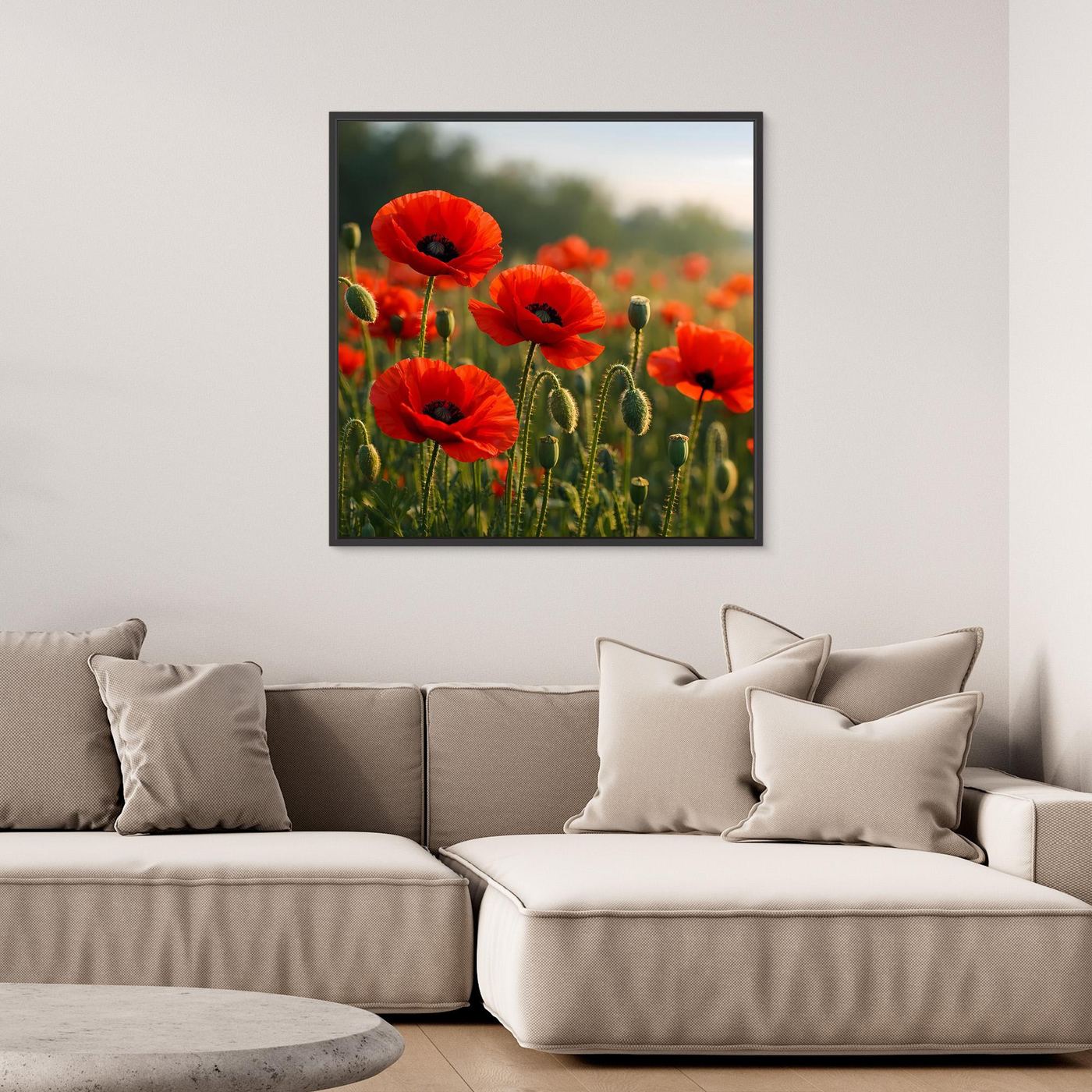 Leinwand-Wandbild mit roten Klatschmohnblüten im grünen Feld, mit schwarzem Rahmen