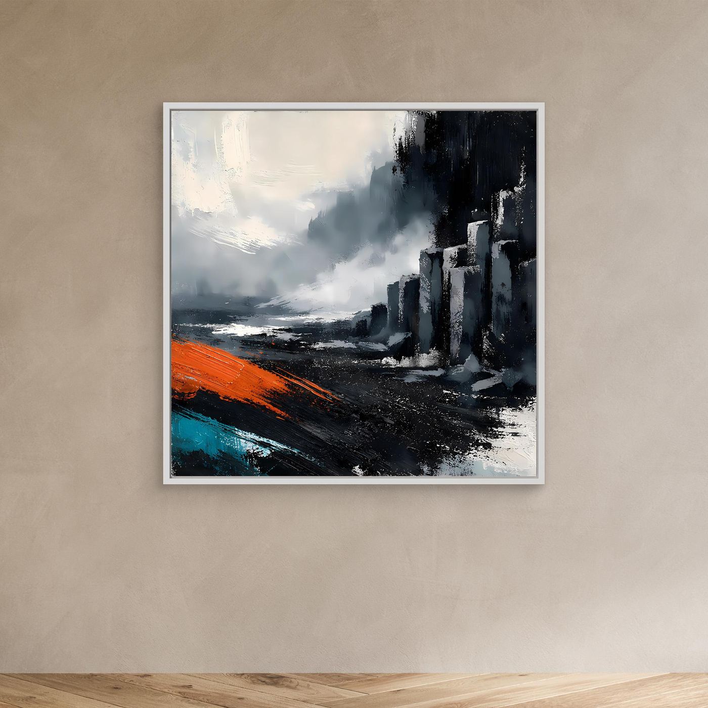 Leinwand Abstraktes Basaltsäulen Gemälde | Modernes Isländisches Vulkan Wandbild Schwarz Orange