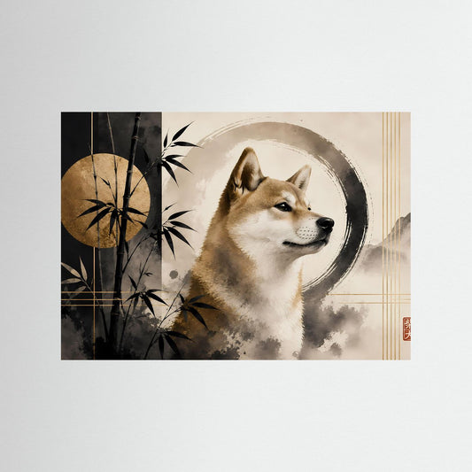 Querformat-Poster mit Shiba Inu im Zen-Stil, Bambus und Kreisornamenten, Schwarz-Beige-Gold