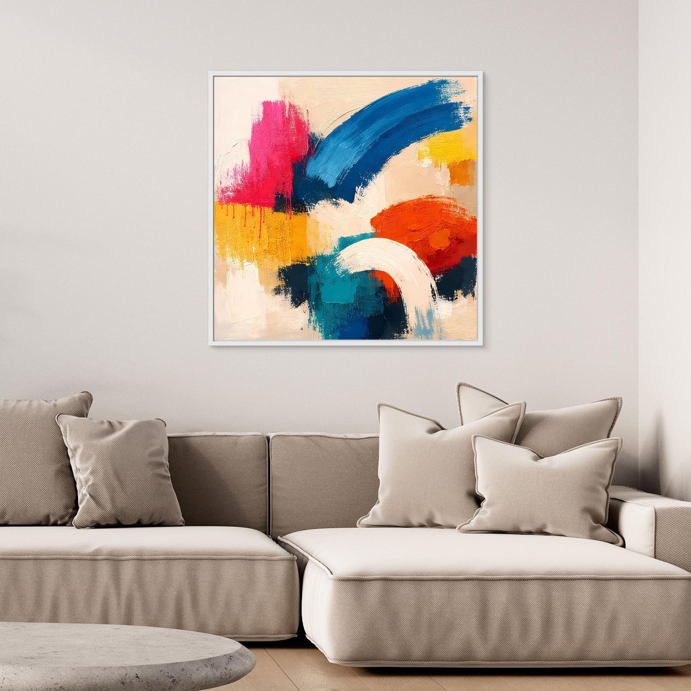 Abstract canvas wall art with red, blue, yellow, orange, and white strokes in a white frame