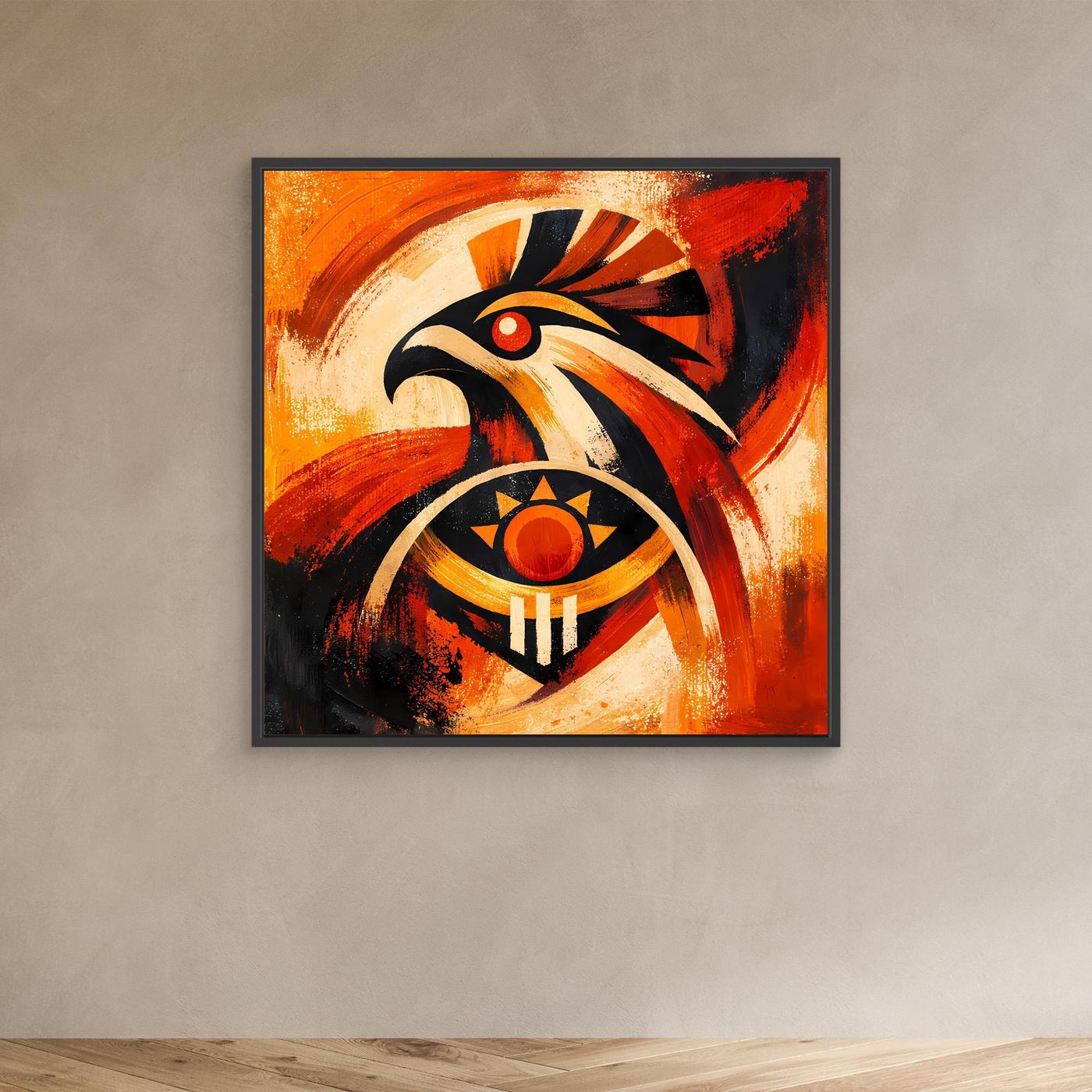 Wandbild mit Falken- und Sonnensymbol, orange-rot-schwarz, im dunklen Rahmen