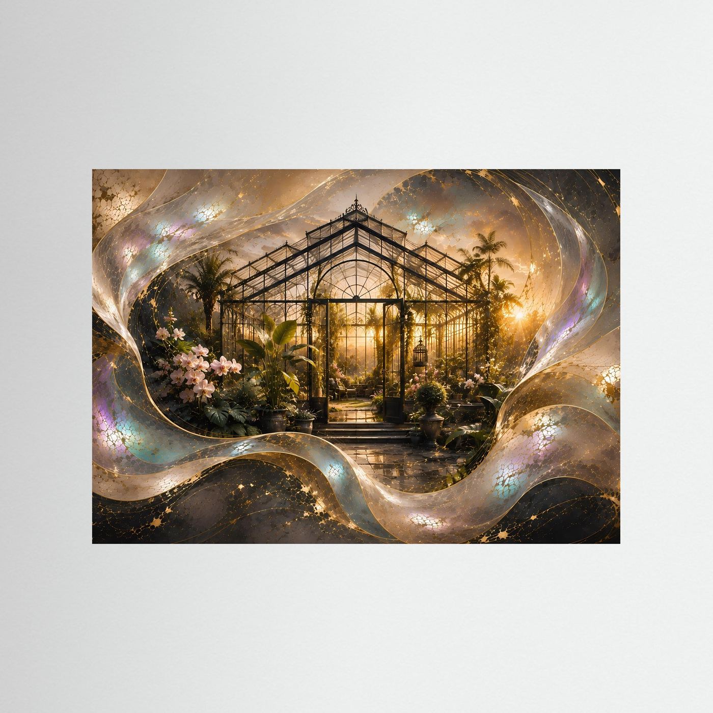 Poster im Querformat mit Gewächshaus und Blumenmotiv in goldenen, perlmuttschimmernden Farben