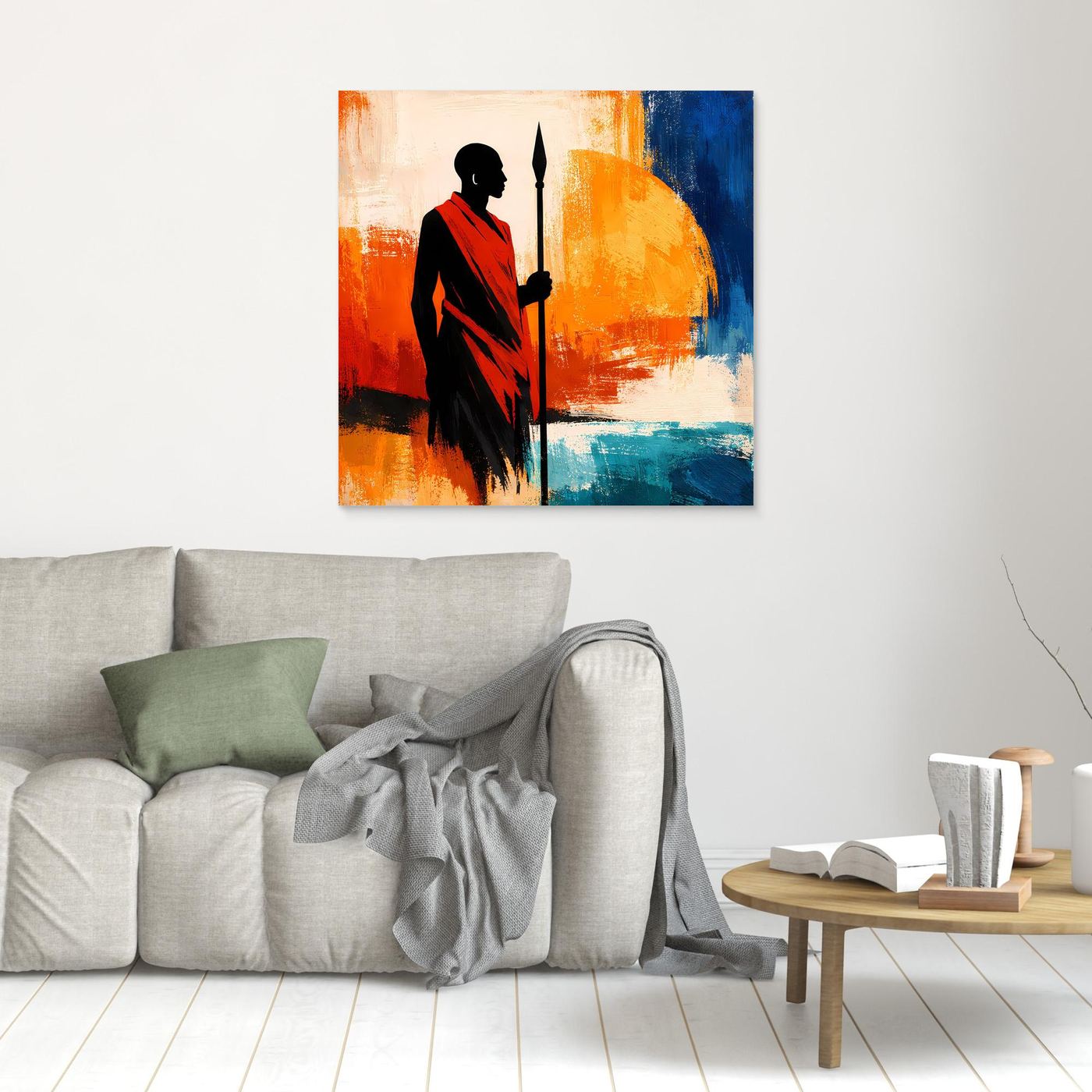 Leinwand Afrikanischer Krieger bei Sonnenuntergang | Modernes Ethno Silhouette Wandbild