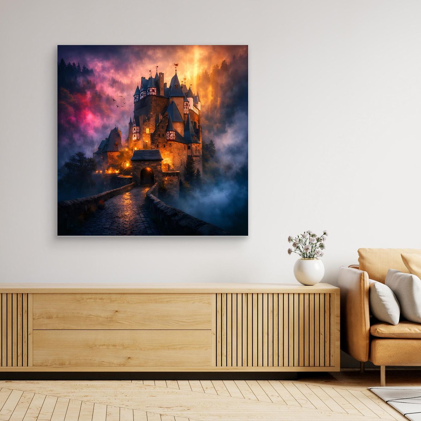 Leinwand Mystische Ritterburg im Nebel | Abstraktes Märchenschloss Wandbild