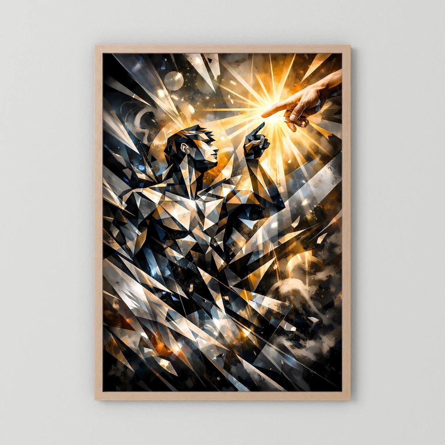 Abstraktes Hochformat-Wandposter im hellen Holzrahmen mit goldener Strahlensonne und Händen