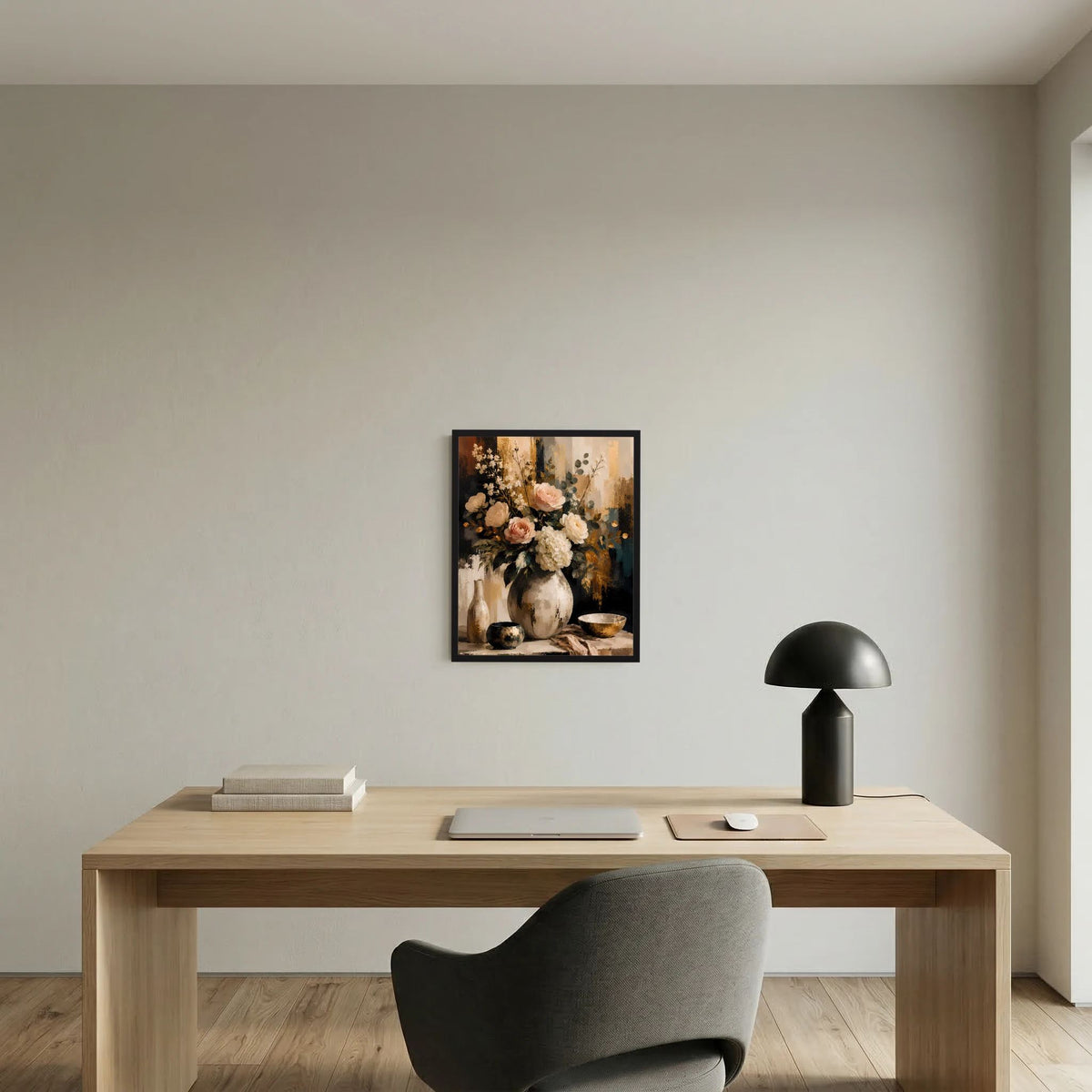 Blumenstillleben-Poster mit Rosen und Hortensien in Vase, abstrakt, schwarzer Rahmen