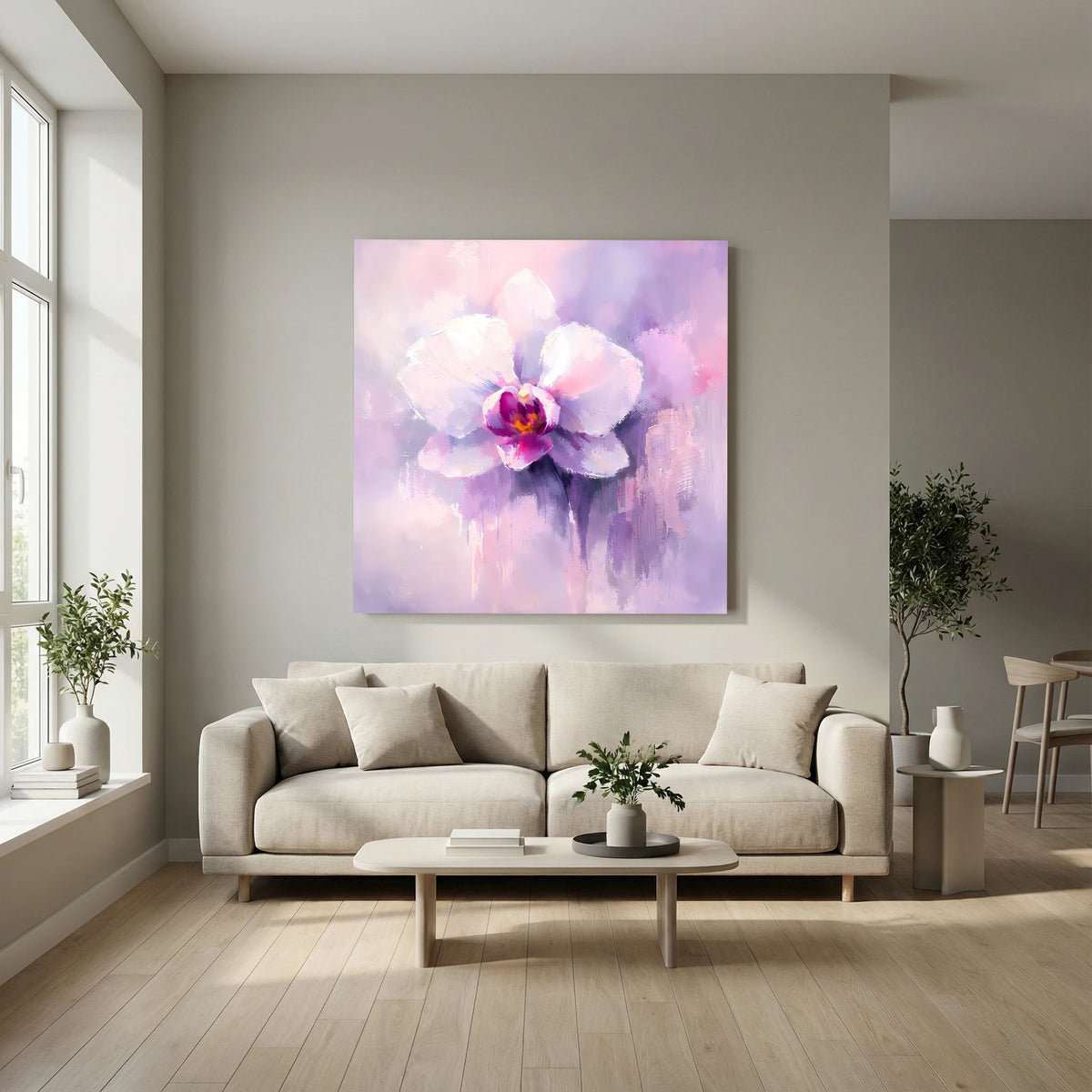 Leinwand-Wandbild Orchideenblüte in Pastellviolett und Pink, mittig an der Wand