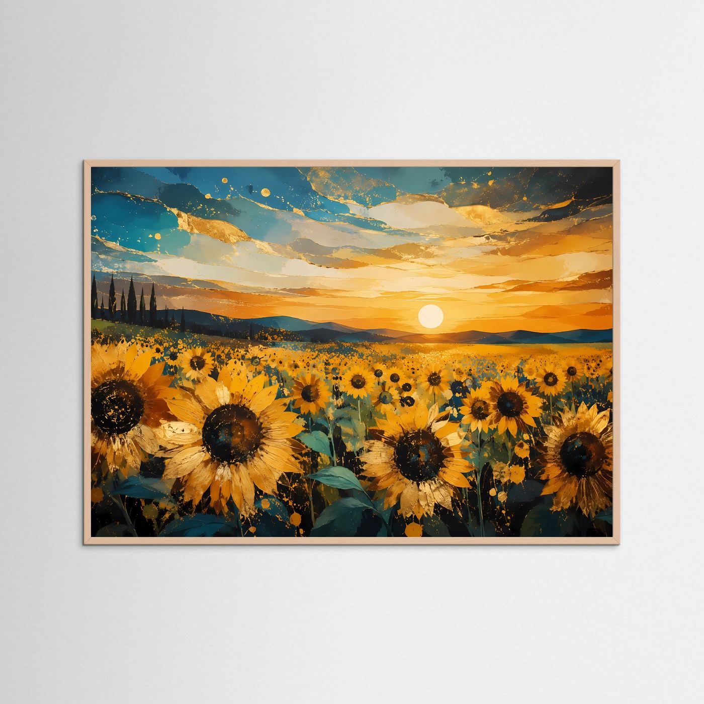 Goldener Sonnenuntergang im Sonnenblumenfeld | Panoramabild & Natur-Poster Querformat