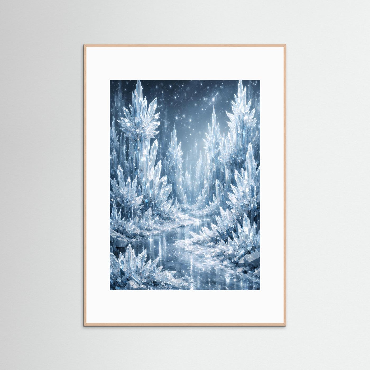 Eiskristall-Fantasyposter im Hochformat, weiße Rahmenleiste, silberweiße Kristalle auf blauem Hintergrund