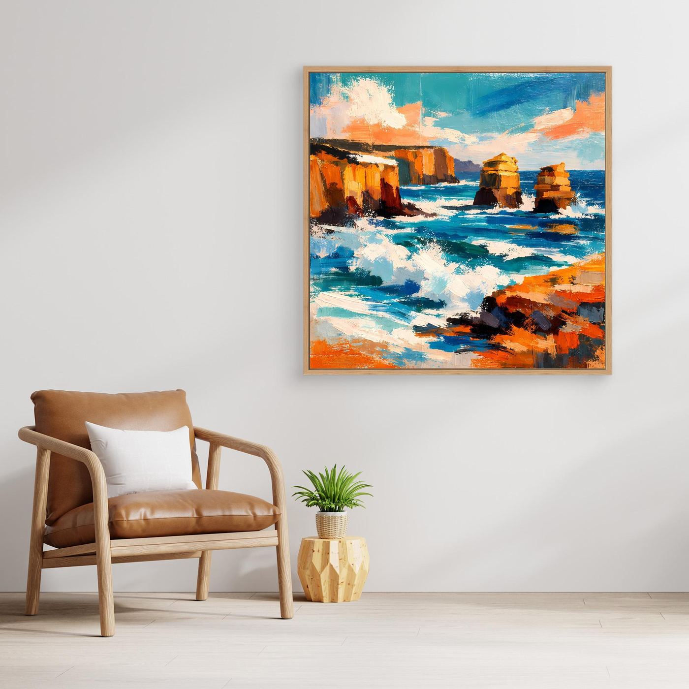 Wandbild mit abstraktem Küstenmotiv, türkis/blau und Orange, mit Holzrahmen