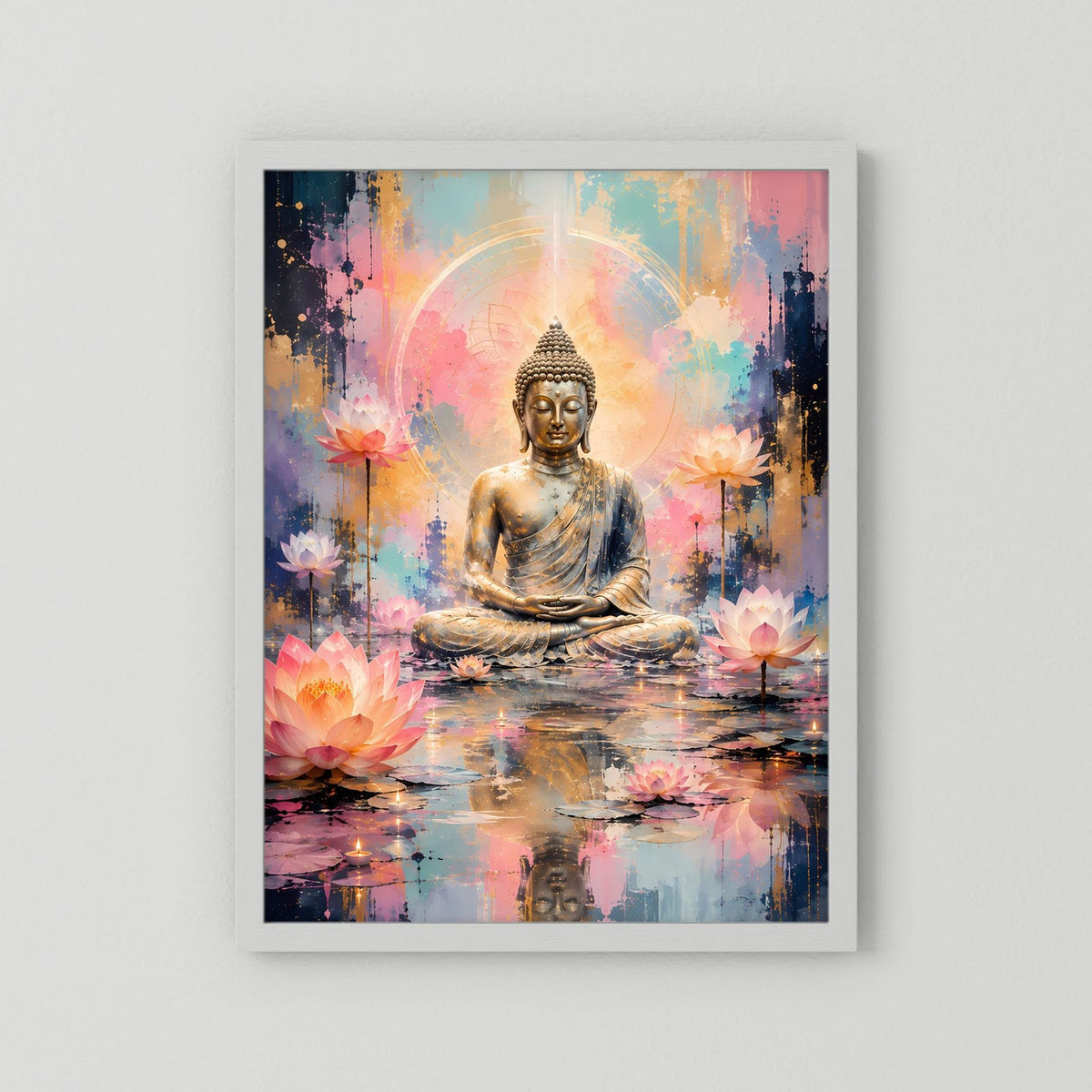 Poster mit meditierendem Buddha, goldene Figur, Lotusblüten und Pastellfarben im weißen Rahmen
