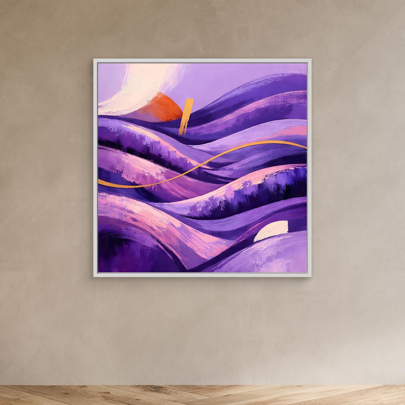 Leinwandbild Wellental in Violett mit Goldlinie und orangefarbener Akzentspur, weißer Rahmen