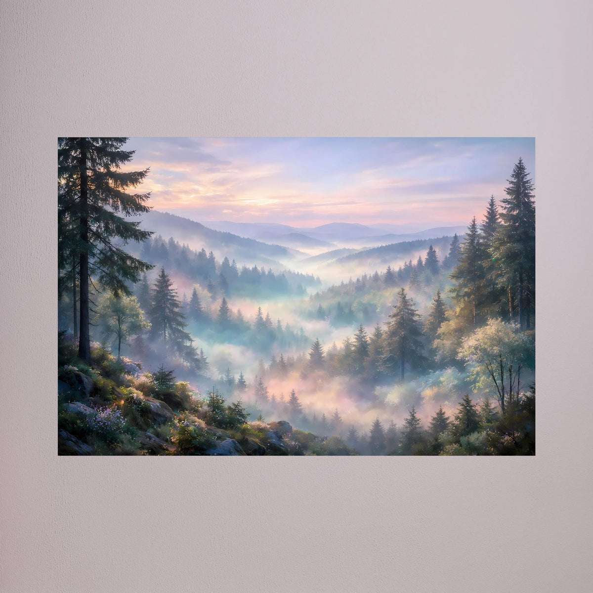 Querformat-Wandbild: Alpenwald im Morgennebel mit leuchtendem Himmel