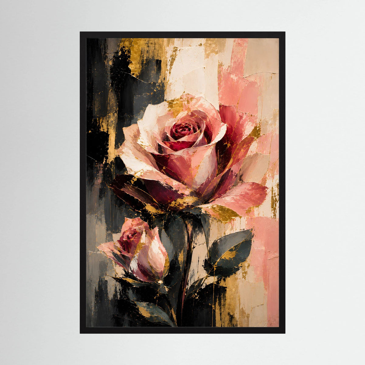 Blumenposter mit abstrakter Rosendruck in Rosé und Gold, schwarzer Rahmen, Hochformat.