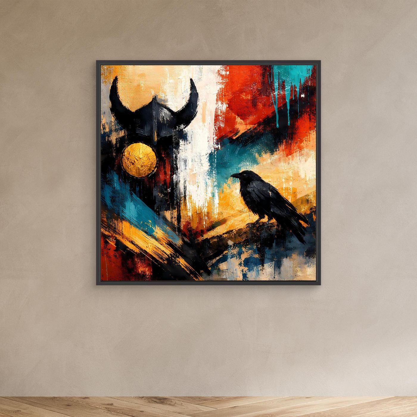 Abstraktes Odin-und-Rabe-Leinwandbild mit schwarzem Rahmen, Odin und Rabe, goldene Kugel