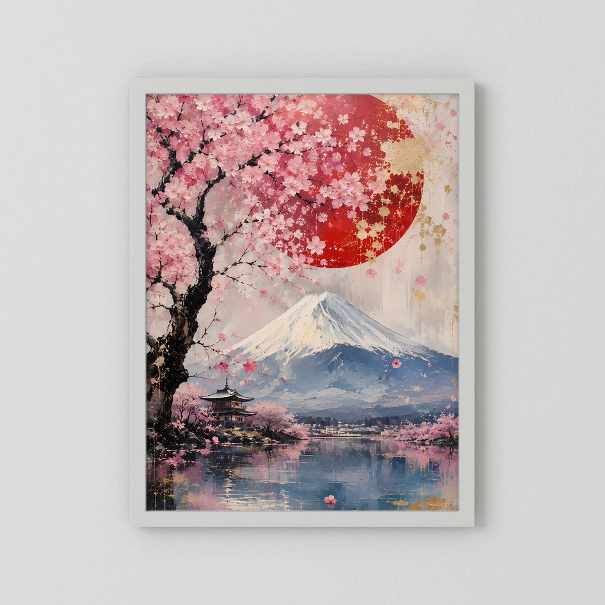 Hochformatiges Poster mit Kirschblüten und roter Sonne über Fuji-Berg und See, weißer Rahmen
